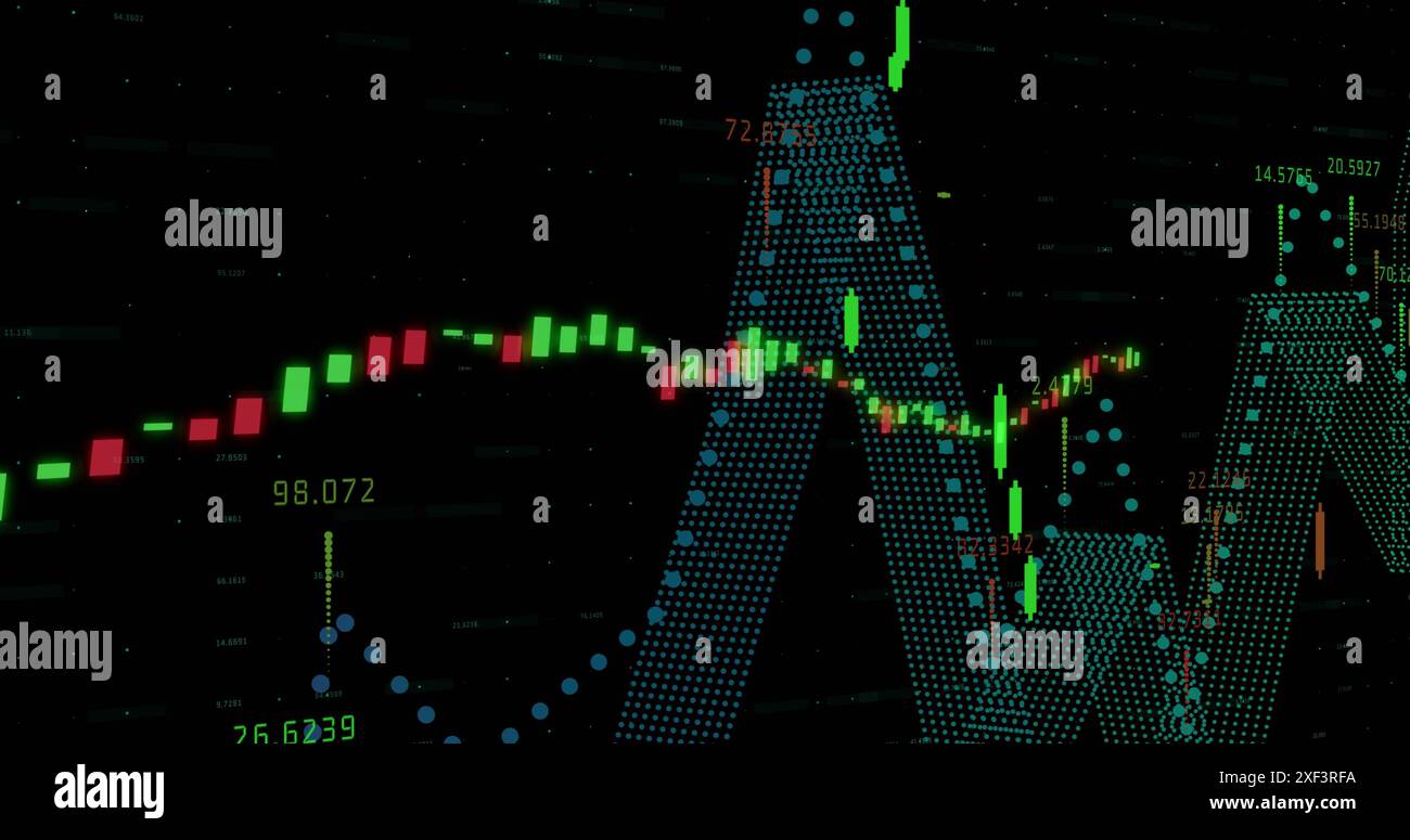 Image of statistical and financial data processing against black background Stock Photo