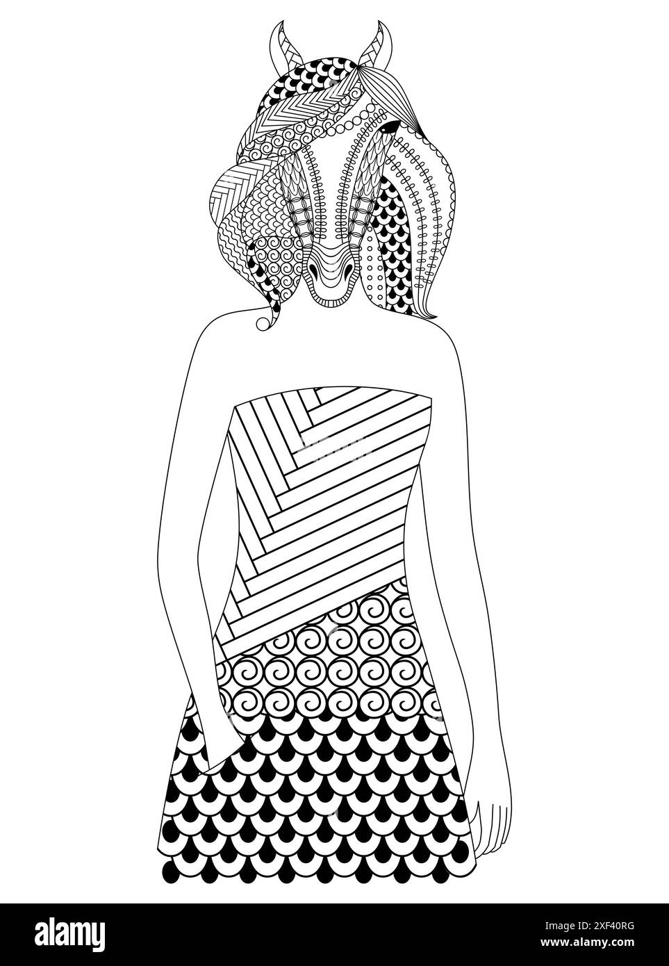 Fashion horse woman. Coloring book for adults, vector illustration ...