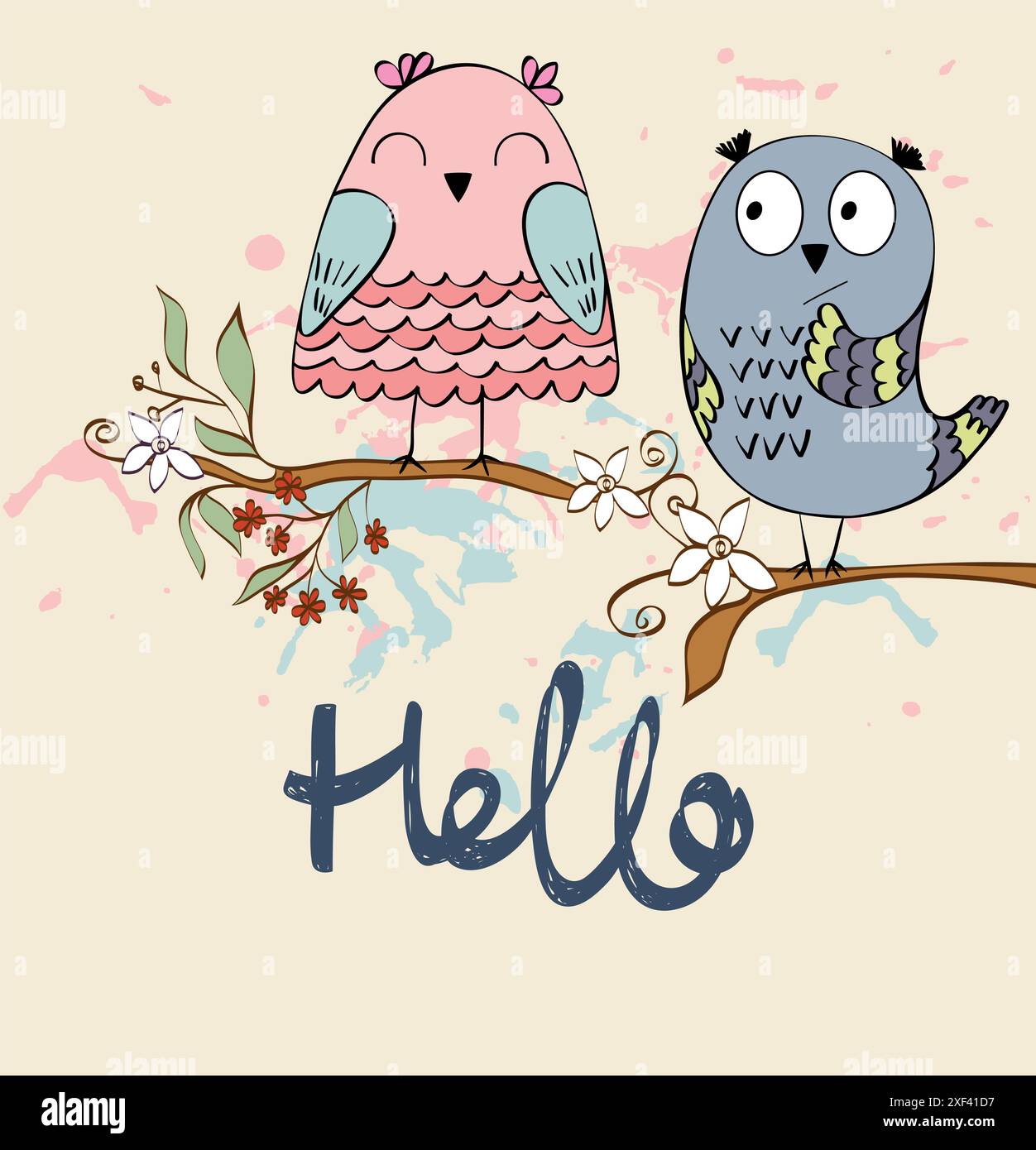 illustration with cartoon owls sitting on the branches Stock Vector ...