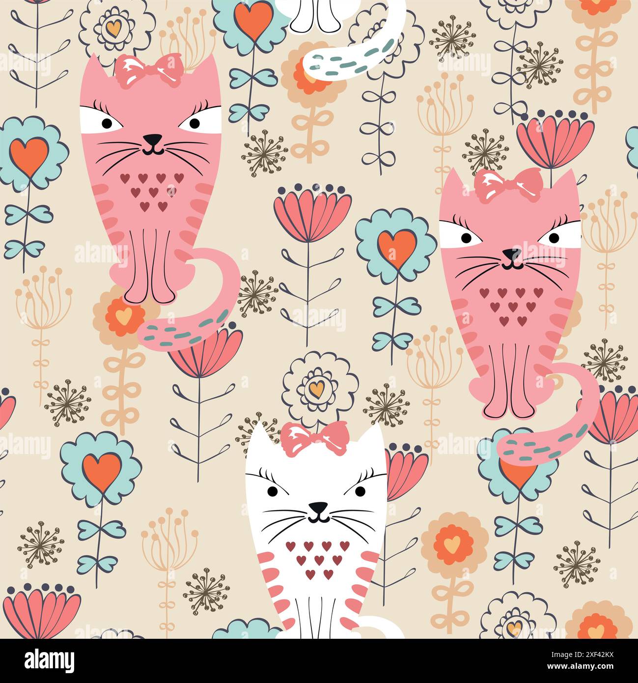 Vector hand drawn seamless pattern with cats Stock Vector Image & Art ...