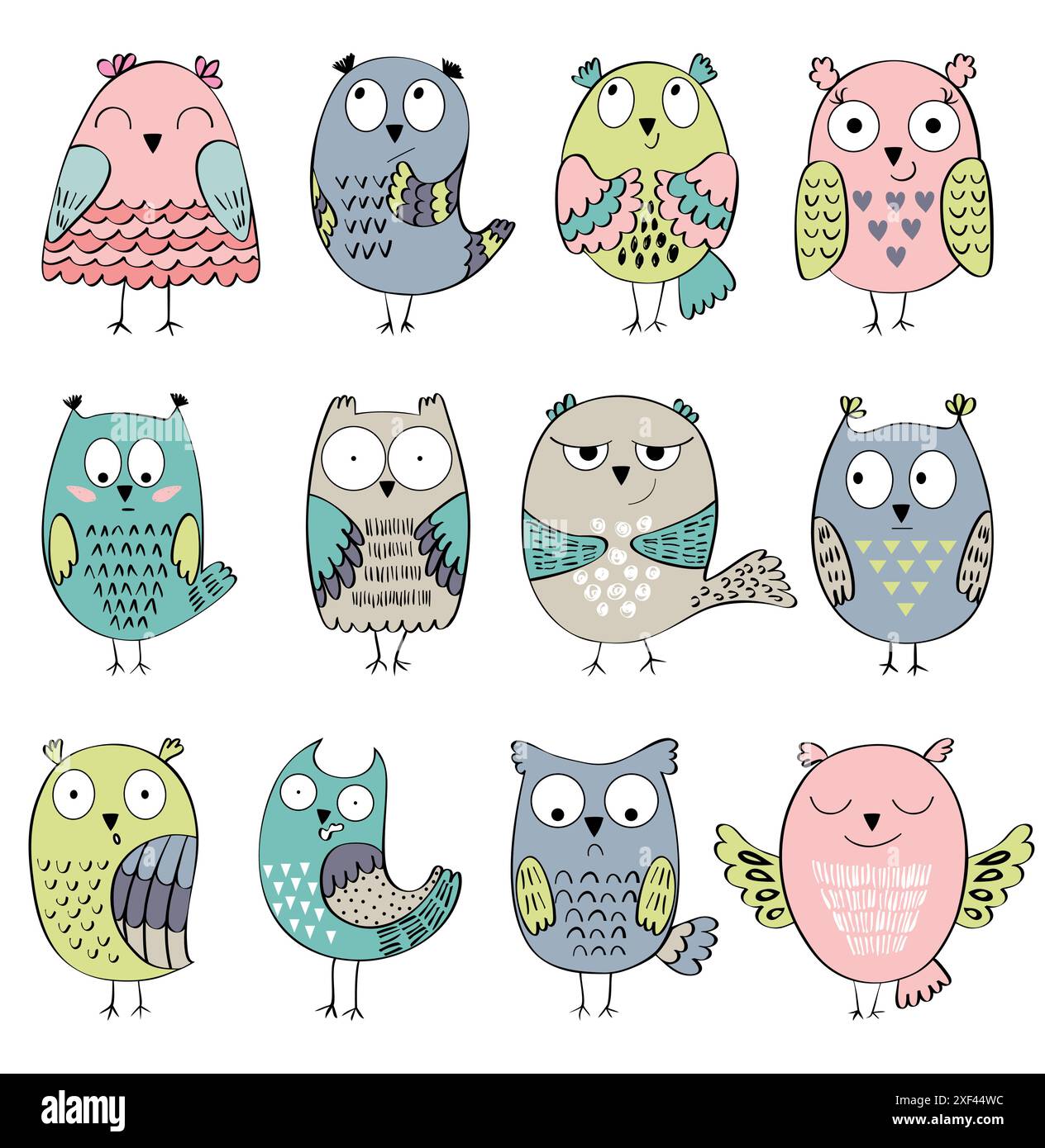 Set of cartoon owls with various emotions. Stock Vector