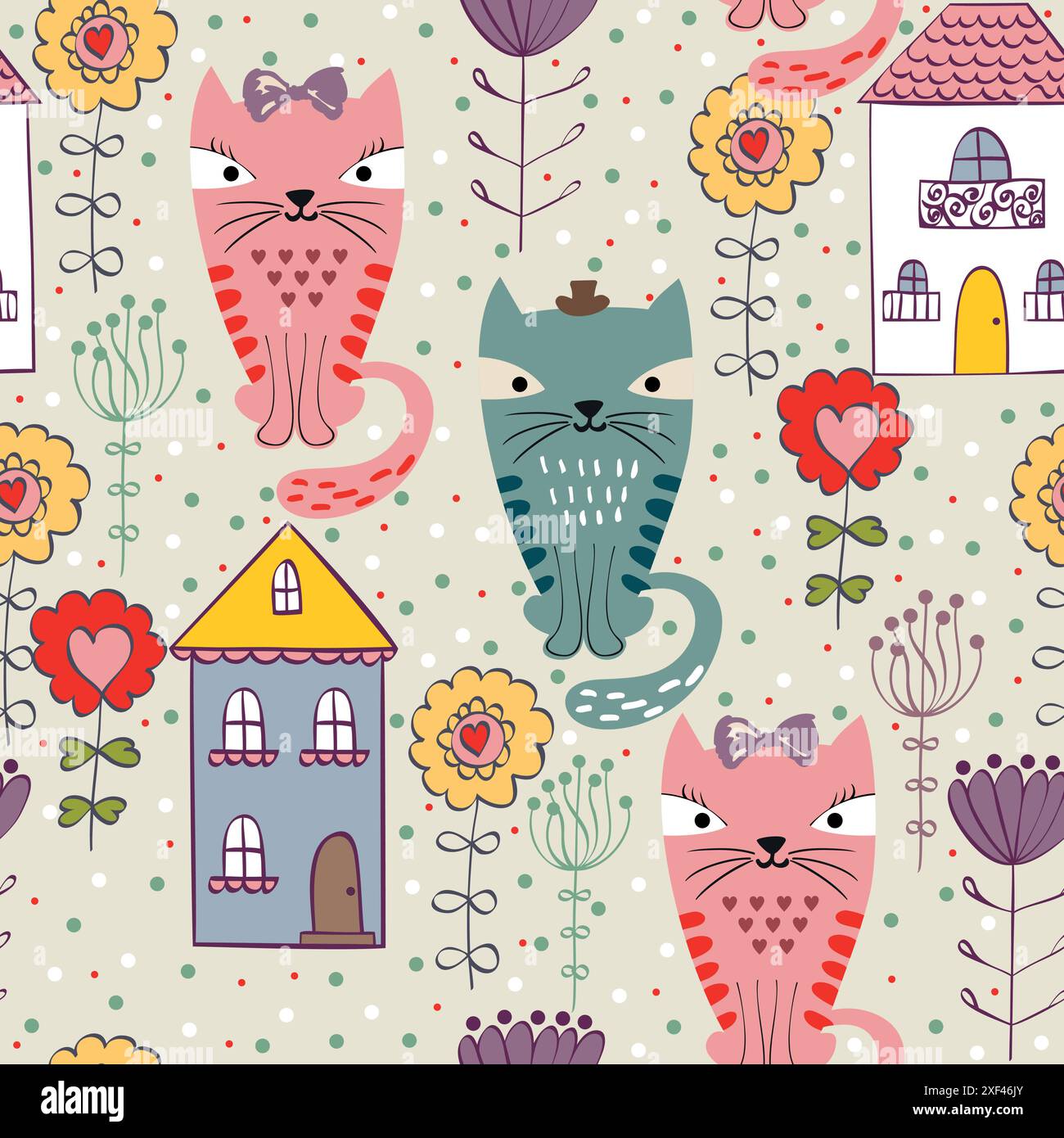 Vector hand drawn seamless pattern with cats Stock Vector Image & Art ...