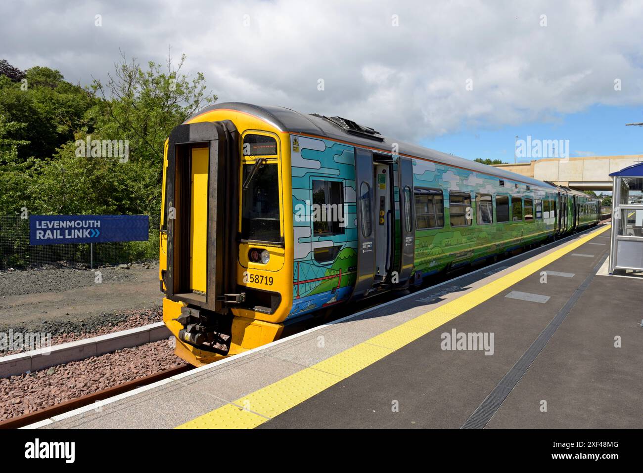 Scotrail Class 158 Sprinter train at the newly reopened Leven Railway Station, Fife, Scotland, June 2024 Stock Photo