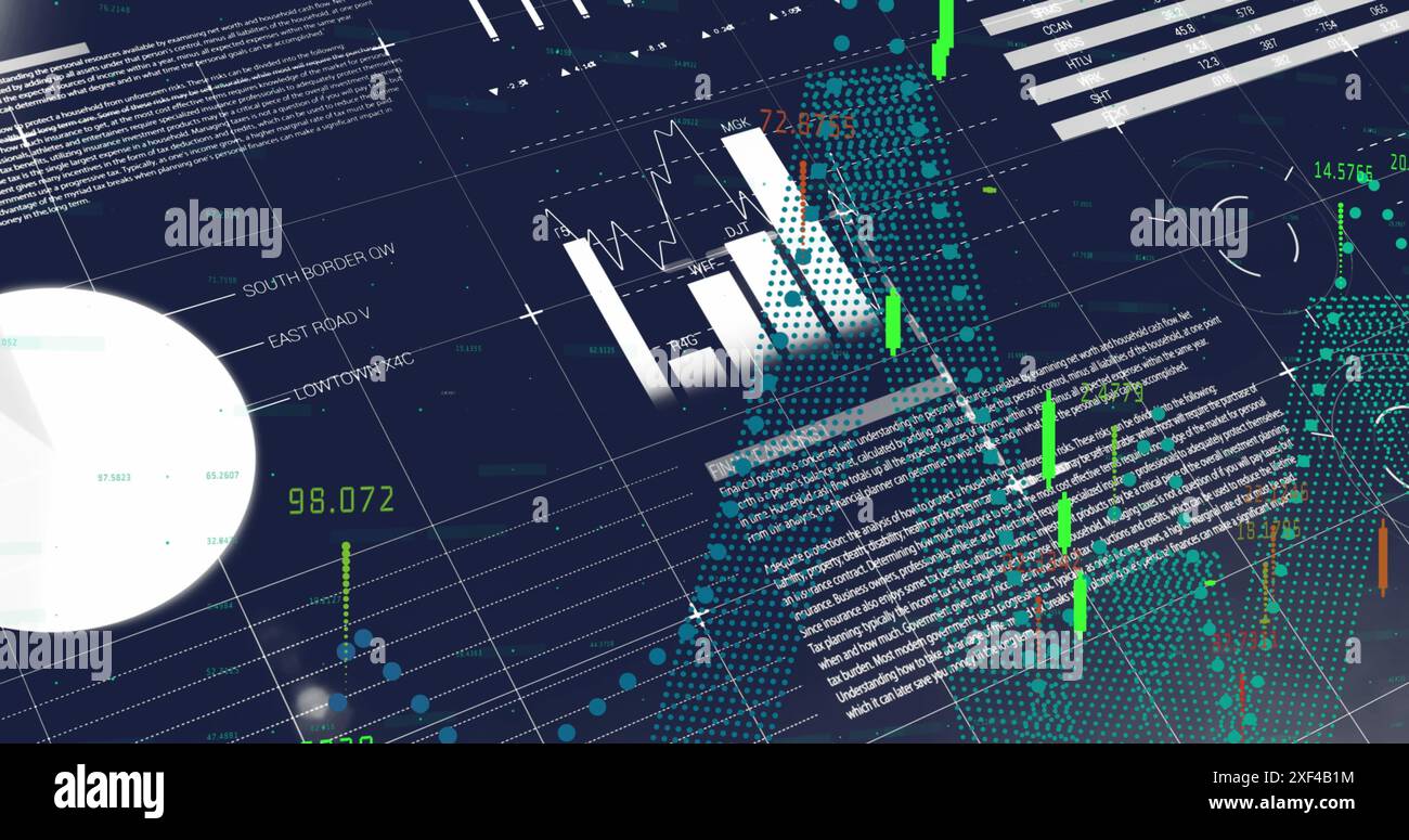 Image of financial and statistical data processing against blue background Stock Photo