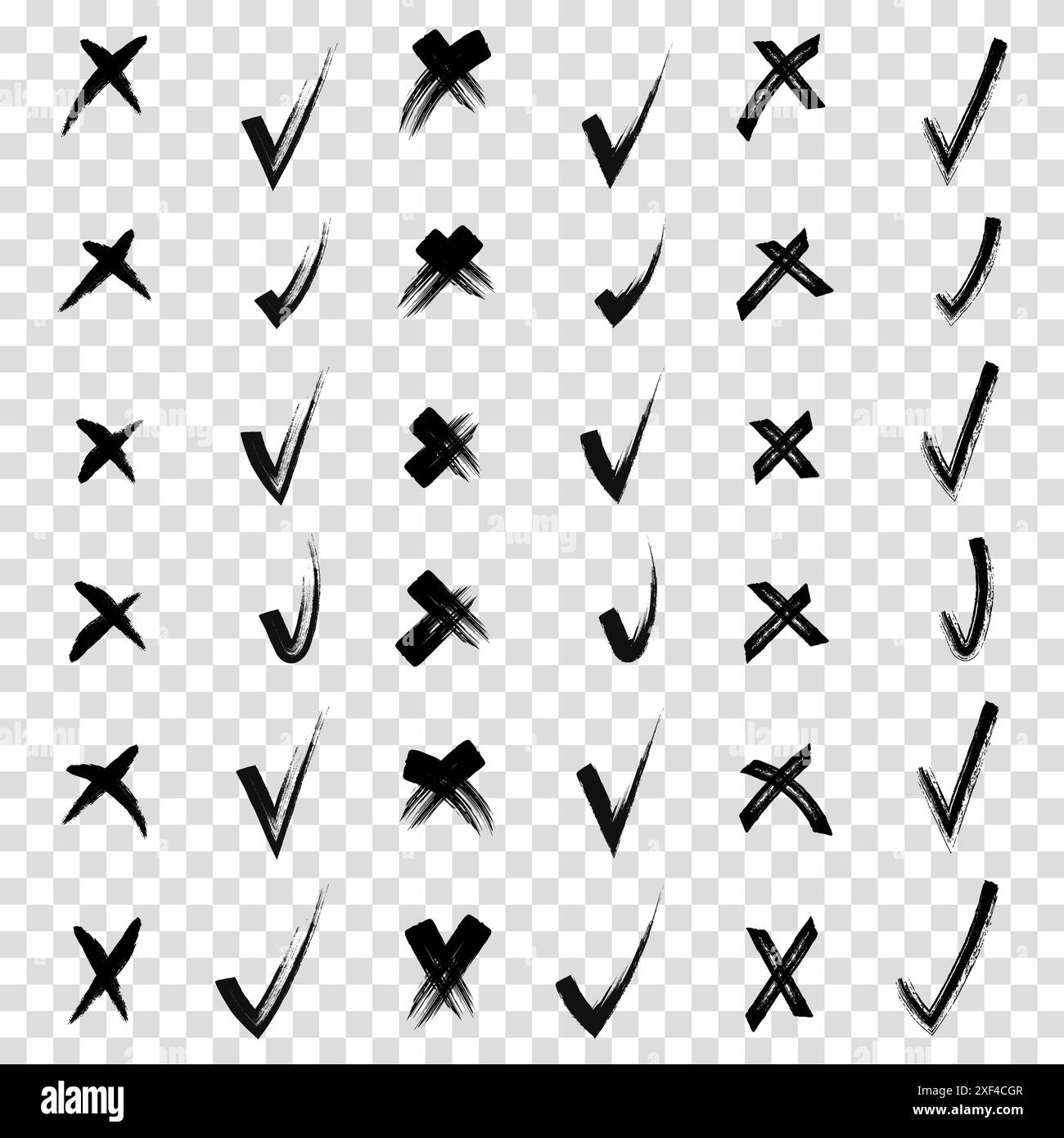 Brush hand drawn doodle checkmarks and crosses set collection. Scribble, pen sketches. Pencil hand drawn checkmarks and little crosses. Yes and no. Tr Stock Vector