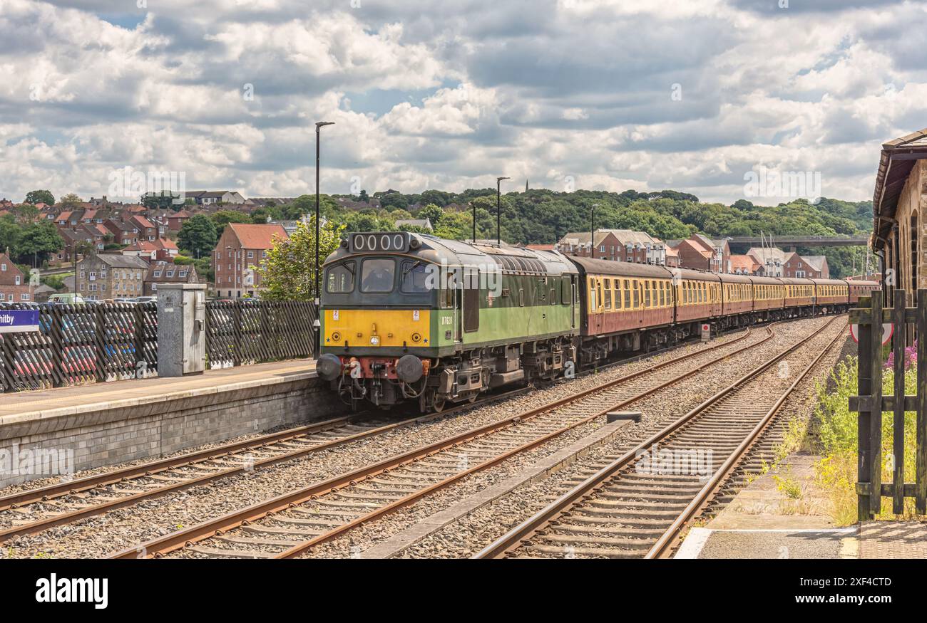 An old diesel locomotive of the North Yorkshire Moors Railway pulls a ...