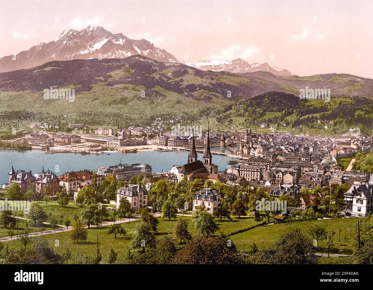 Pilatus und Luzern, gesehen von Drei Linden, Luzern, Schweiz / , Pilatus and Lucerne, seen from Drei Linden, Lucerne, Switzerland, Historisch, digital Stock Photo