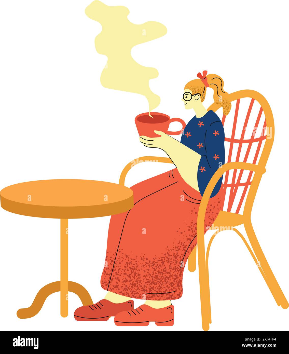 Girl Sitting in a chair at a table and drink tea Stock Vector