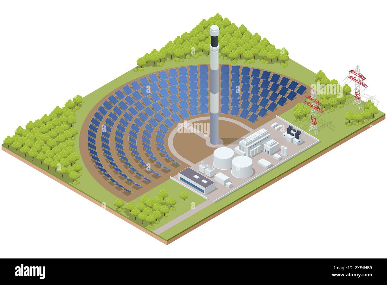 Isometric concentrated solar thermal system with power tower and ...