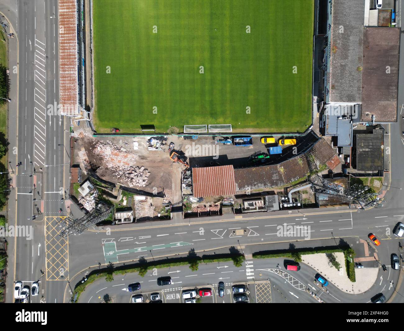 Hereford FC aerial view of the Edgar Street football ground with demolition taking place at the dilapidated Blackfriars End - photo June 2024 Stock Photo