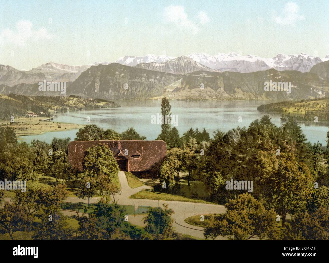 Blick auf die suedliche Alpenkette mit Titlis von Drei Linden, Luzern, Schweiz  /  , View of the southern chain of Alps, with the Titlis from Drei Linden, Lucerne, Switzerland , Historisch, digital restaurierte Reproduktion von einer Vorlage aus dem 19. Jahrhundert, Record date not stated Stock Photo