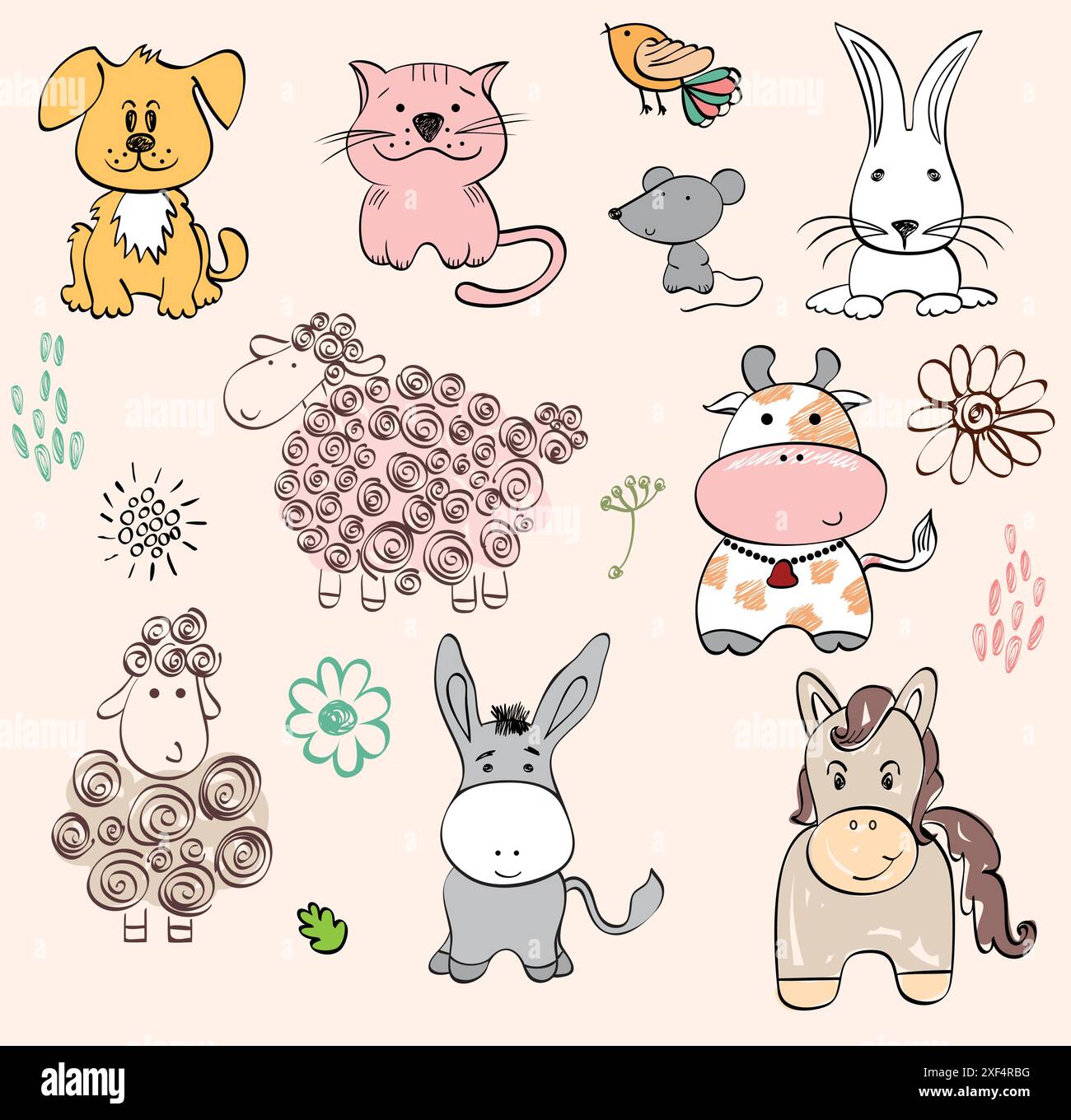 set of farm animals. Hand drawn illustration Stock Vector Image & Art ...