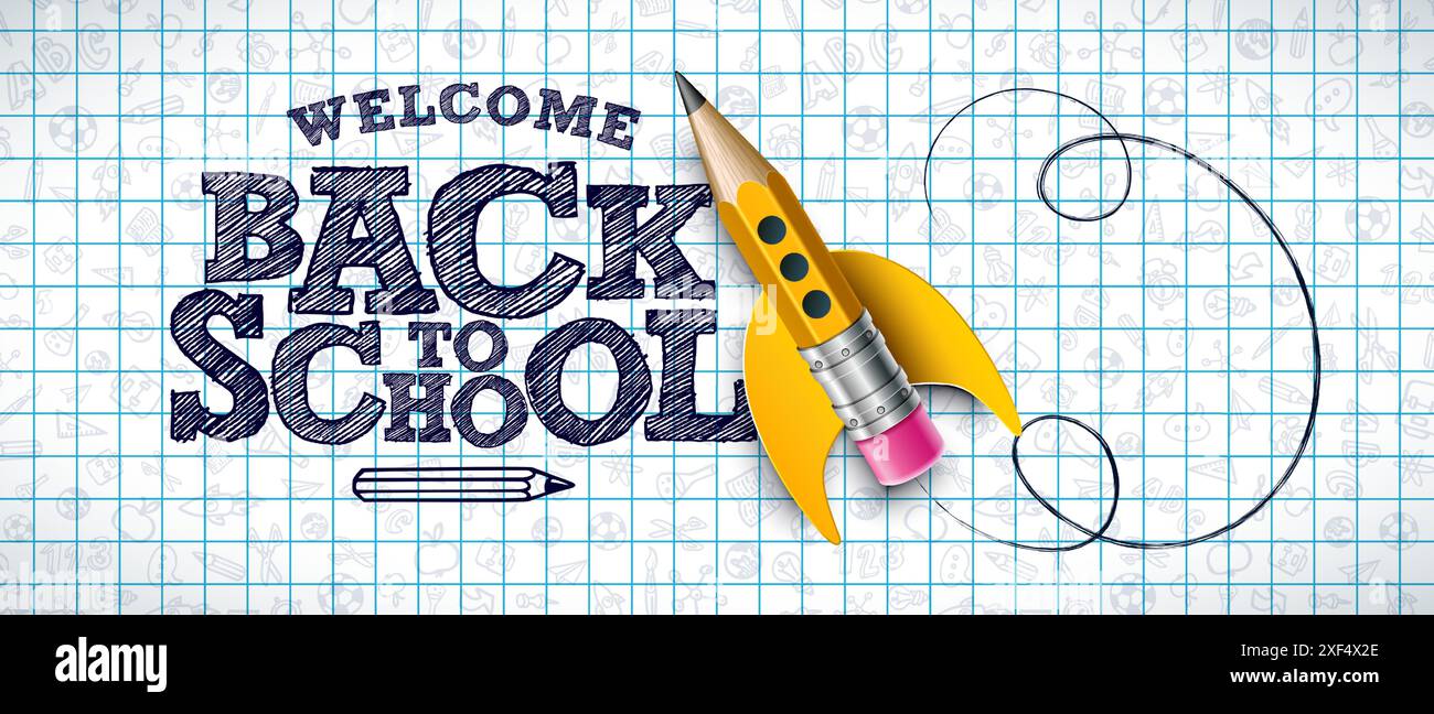 Back to School Design with Flying Rocket Pencil and Typography ...