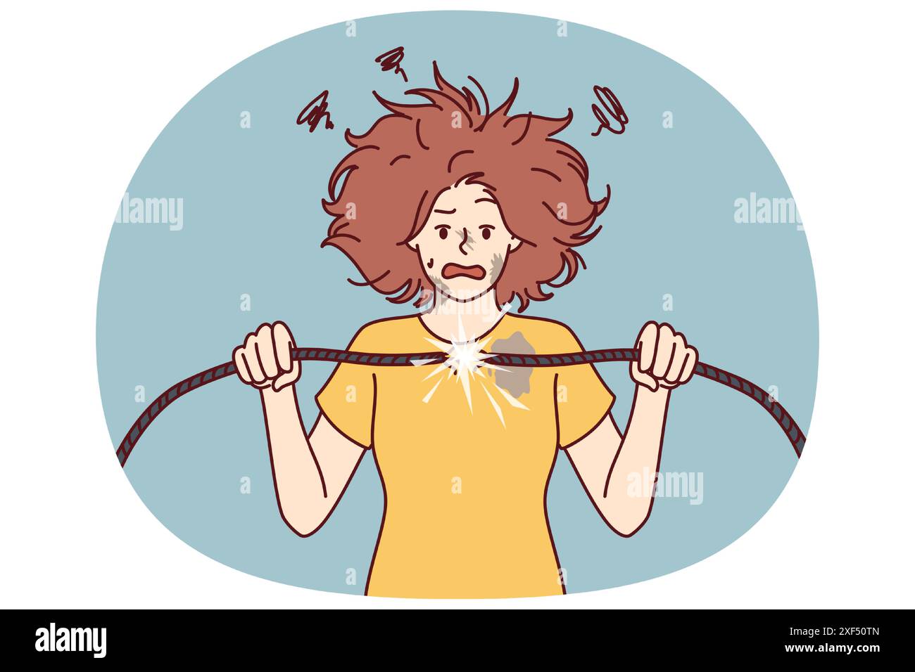 Woman with damaged electrical wire suffers from electric shock and