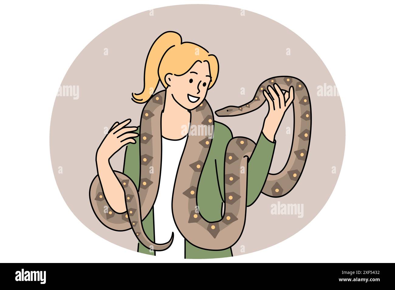 Woman with long snake around neck smiles enjoying communication with beloved pet boa constrictor. Girl holds dangerous predatory snake and does not feel fear at sight of poisonous python Stock Vector