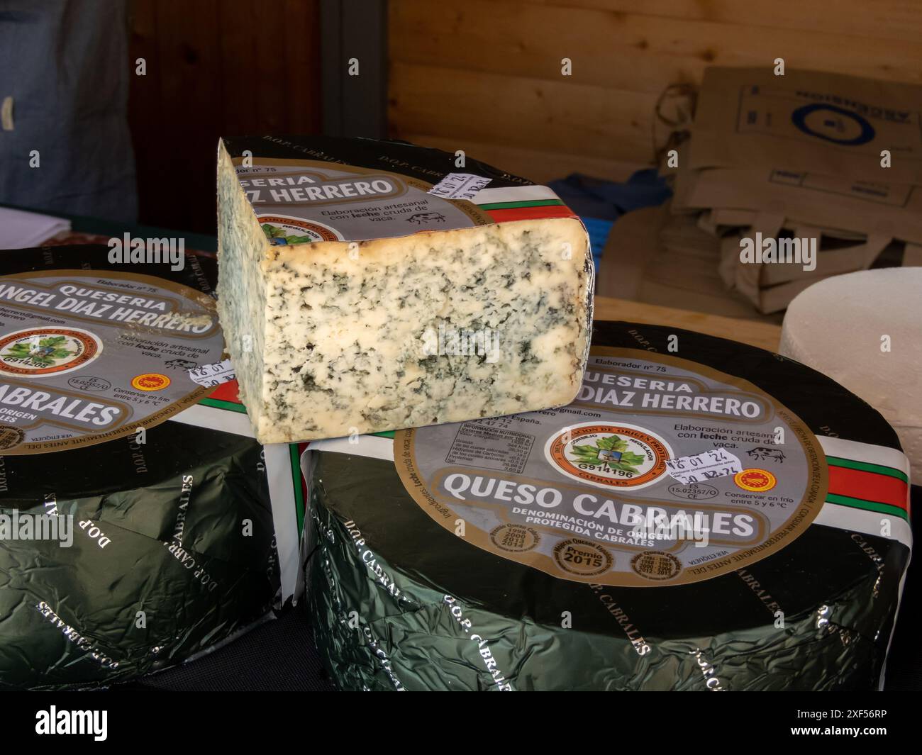 OVIEDO, SPAIN MAY 10, 2024 Cabrales unpasteurized cow milk blue cheese from the Angel Diaz