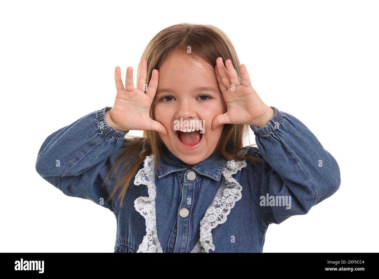 Portrait of emotional little girl on white background Stock Photo - Alamy