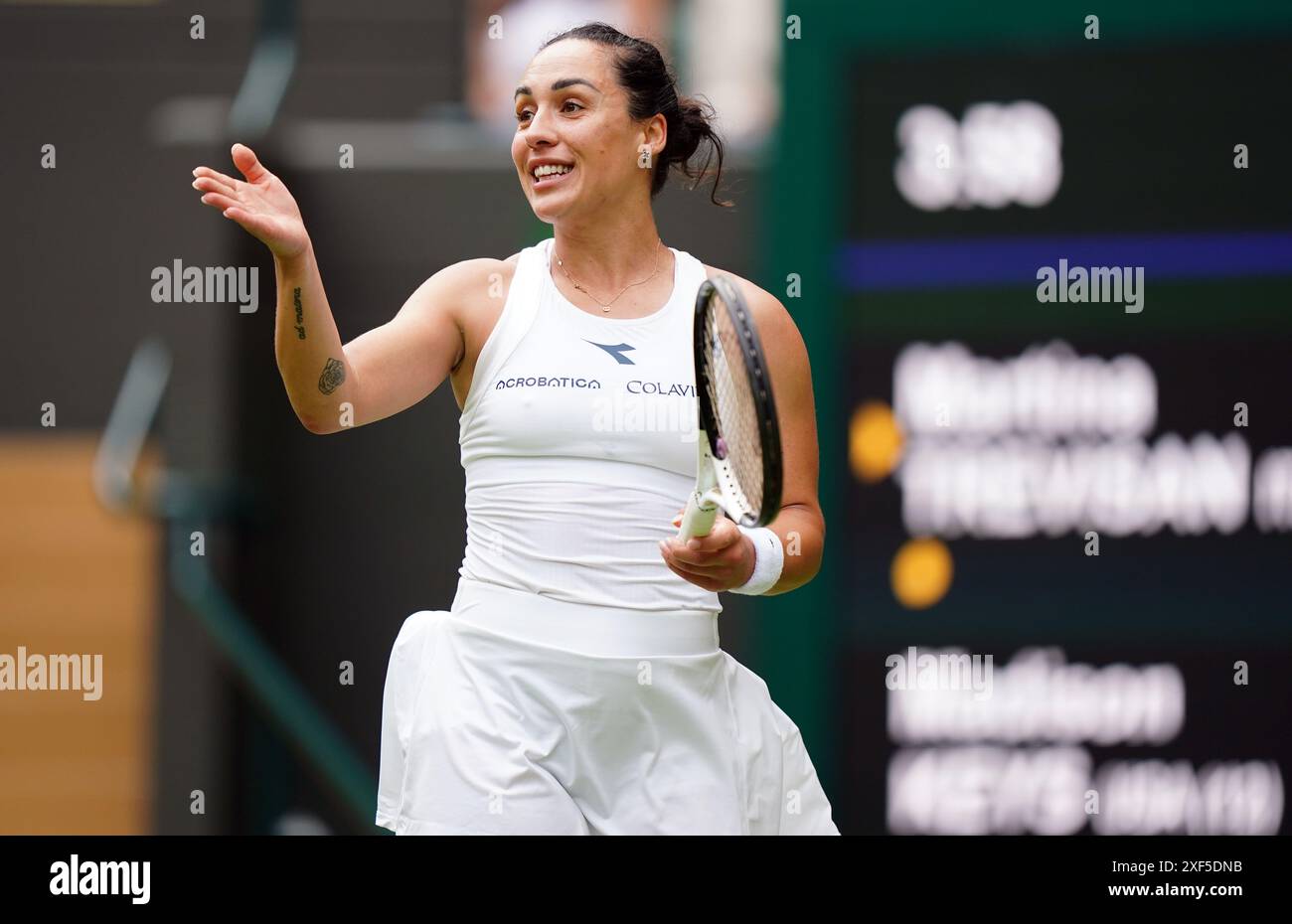 Martina Trevisan during her match against Madison Keys (not pictured) on day one of the 2024 Wimbledon Championships at the All England Lawn Tennis and Croquet Club, London. Picture date: Monday July 1, 2024. Stock Photo