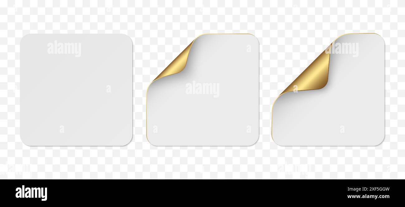 Vector white realistic square paper stickers with golden corner ...