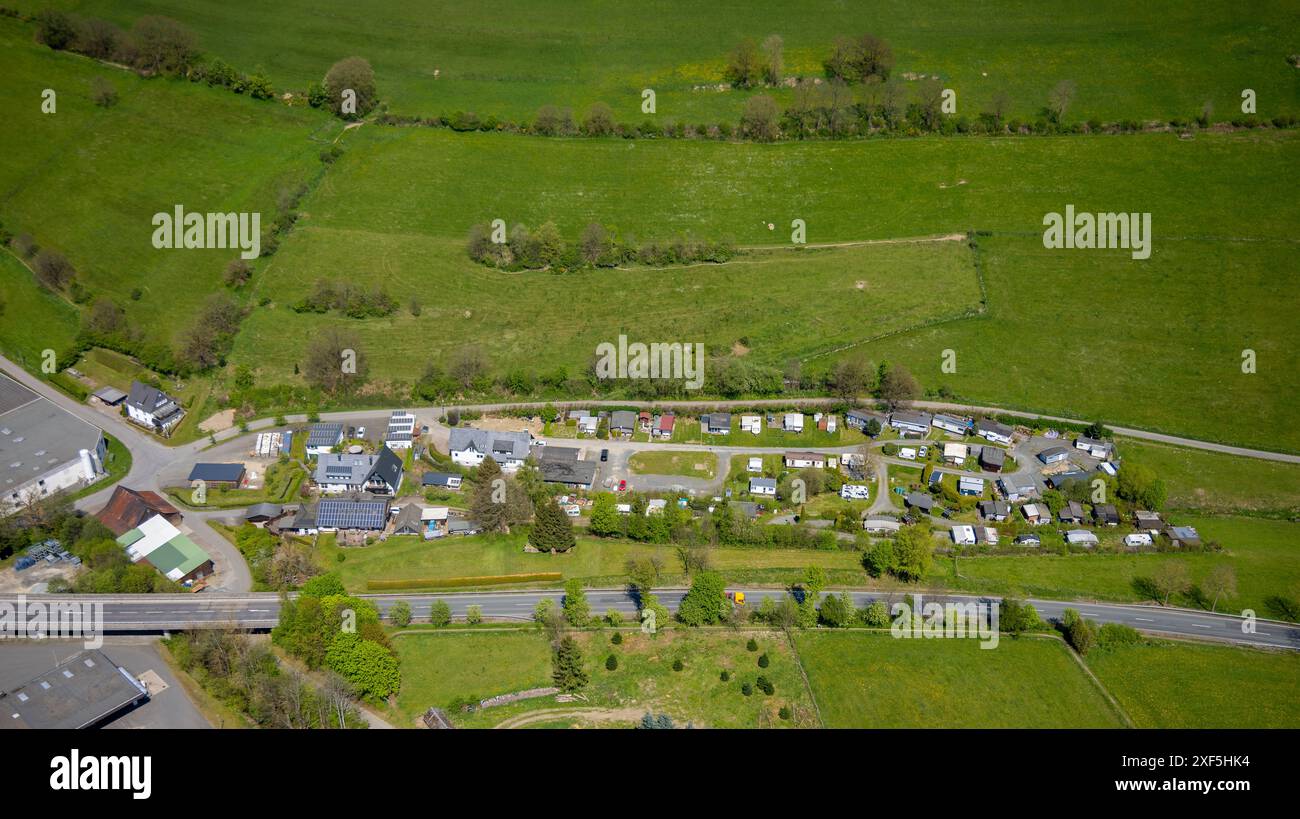 Aerial view, Campingplatz Wiesental, Zur Lermecke, Bdefeld, Schmallenberg,  Sauerland, North Rhine-Westphalia, Germany, Aerial photo, Campsite, Meadow  Stock Photo - Alamy
