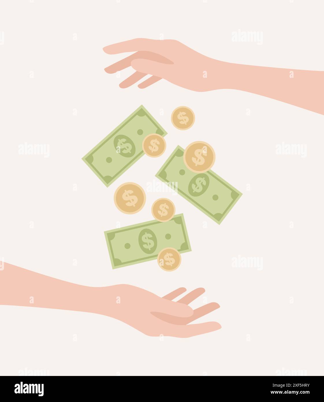 One hand giving to another hand coins and bills. Flat vector ...