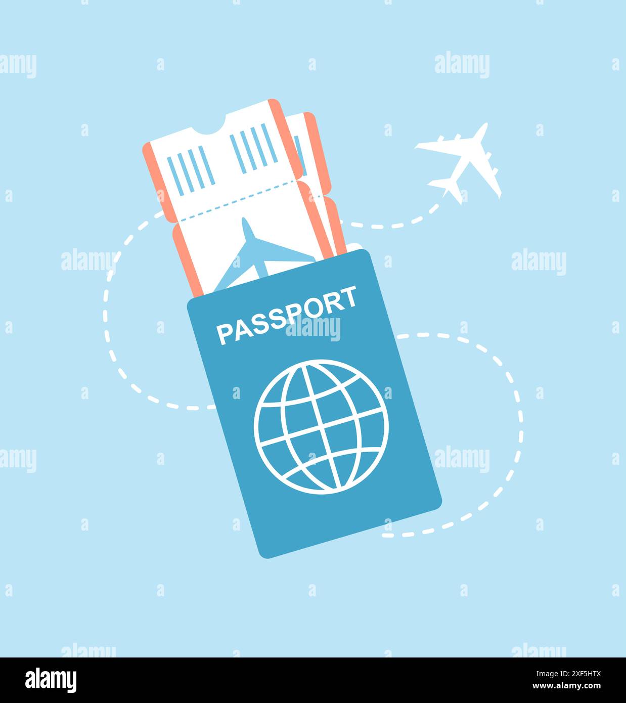 Passport with airline tickets and an airplane flying around on a blue background. Flat vector ...