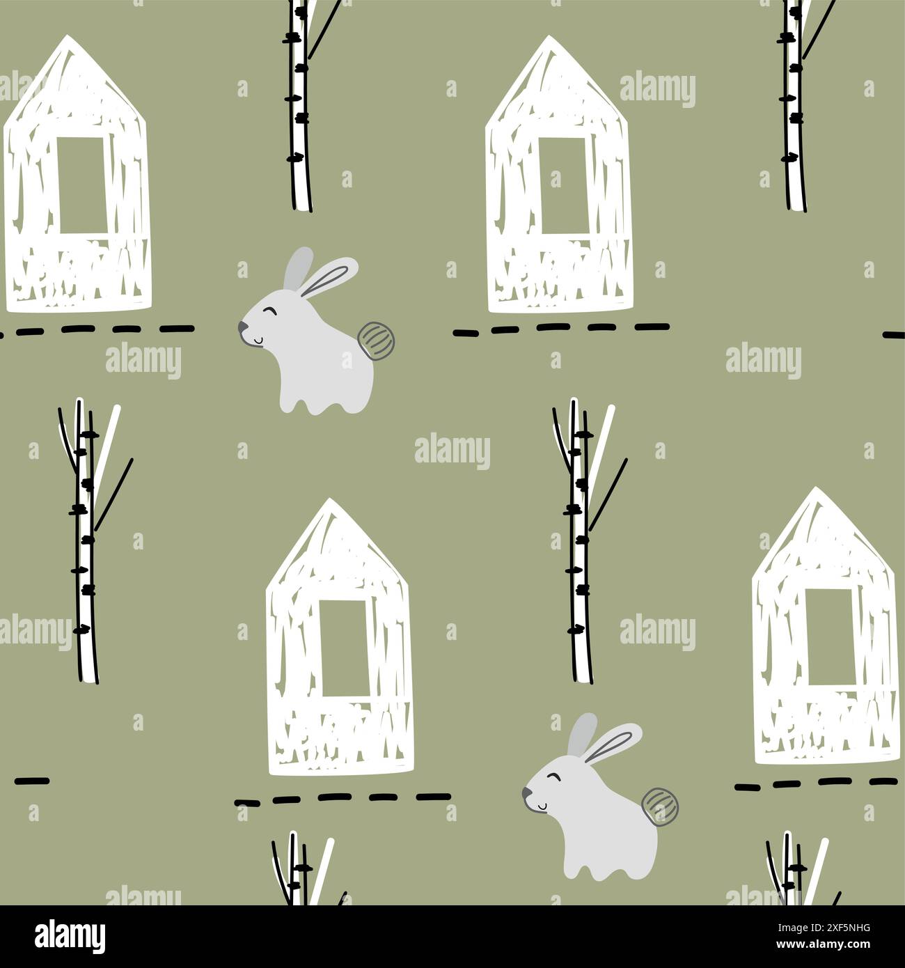 Vector forest wildlife seamless pattern with bunny. Cute cartoon ...
