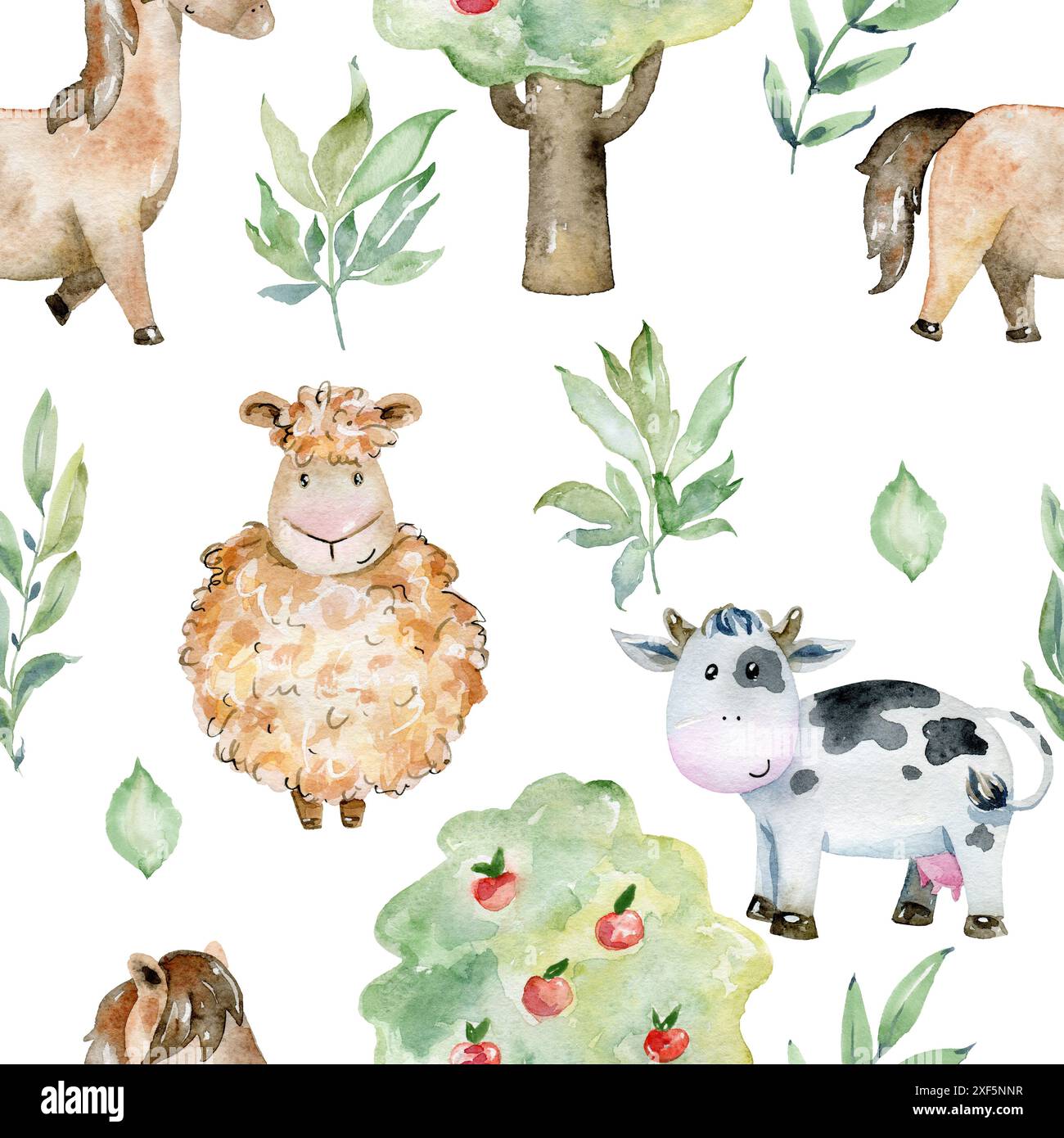 Watercolor farm seamless pattern with animals and leaves. Cute cartoon ...