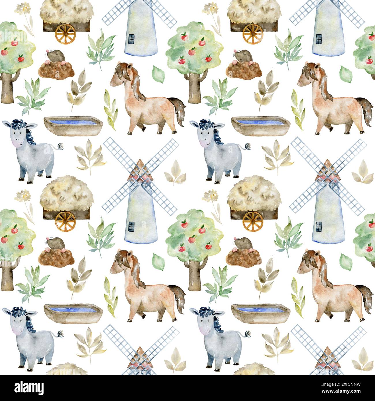 Watercolor farm seamless pattern with animals. Cute cartoon characters ...