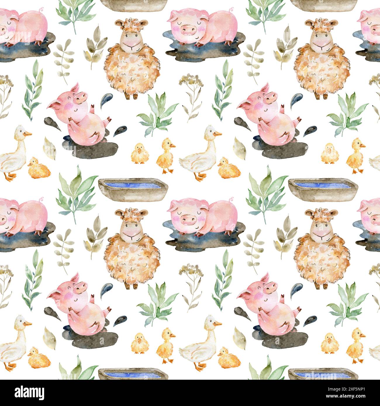 Watercolor farm seamless pattern with animals and leaves. Cute cartoon ...