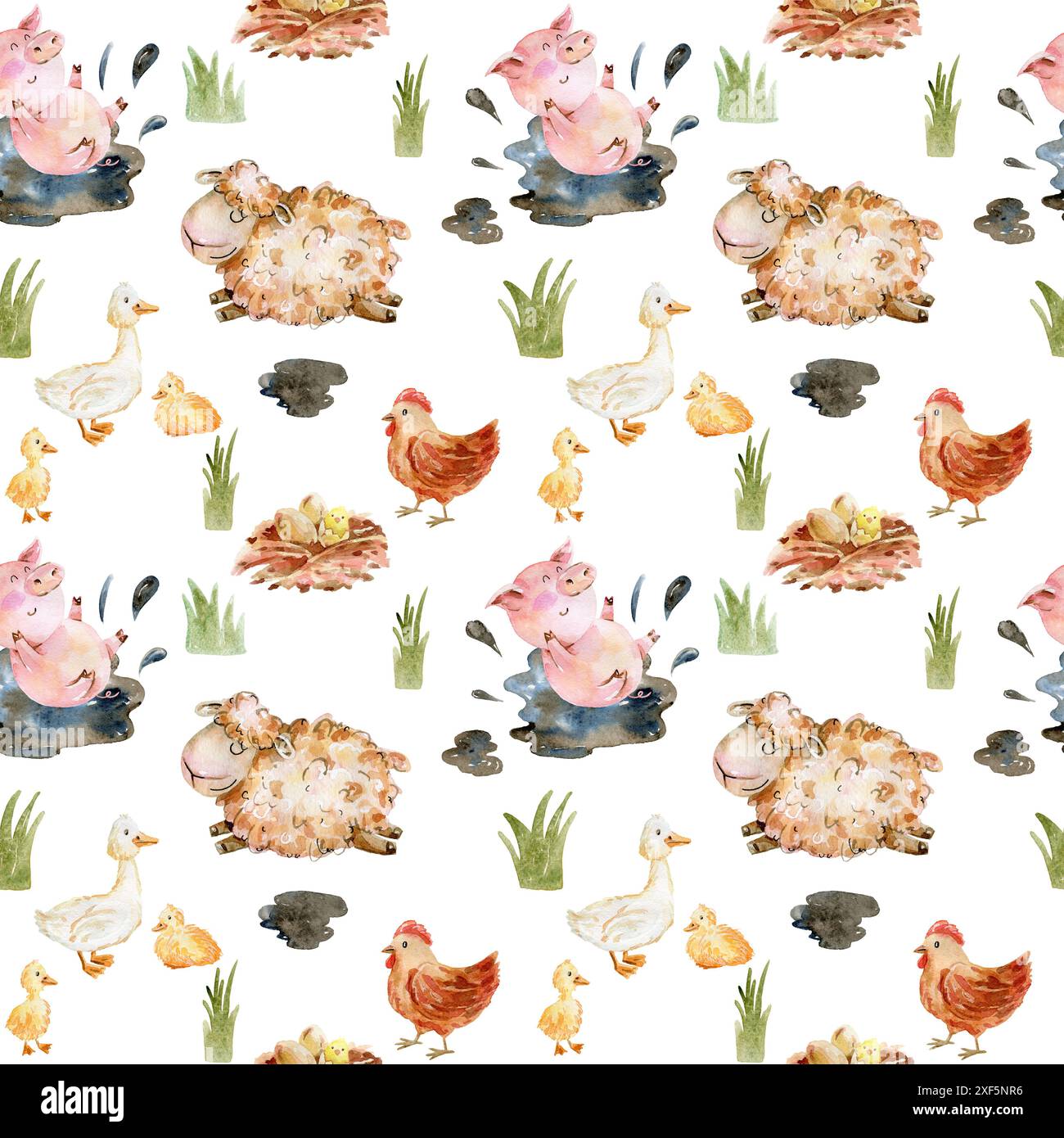 Watercolor farm seamless pattern with animals and leaves. Cute cartoon ...
