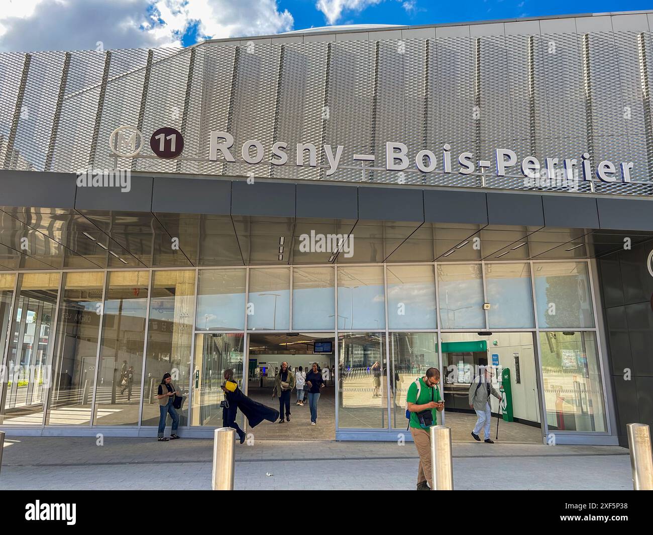 Rosny-sous-Bois, France, Paris Suburb, Metro LIne 11, Seine Saint Denis Public Transportation, Entrance Train Station, Sign, Front Stock Photo