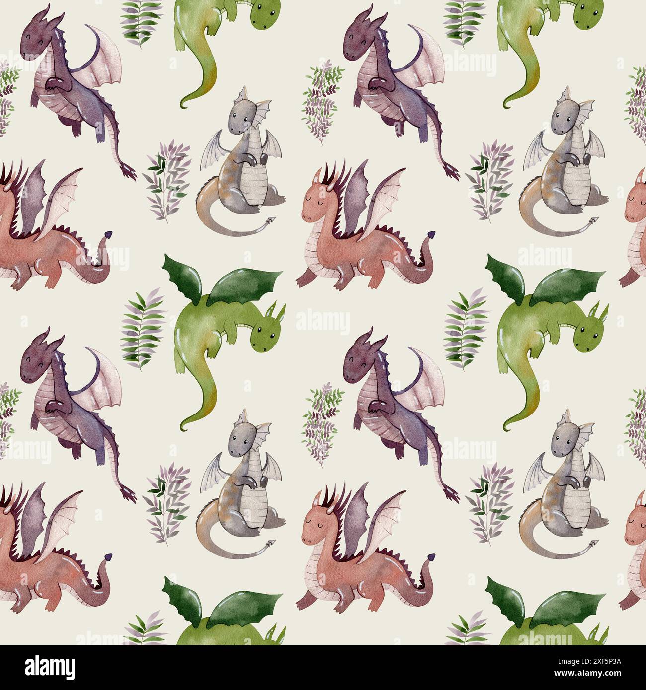 Watercolor seamless pattern with cute dragons and leaves. Hand drawn ...