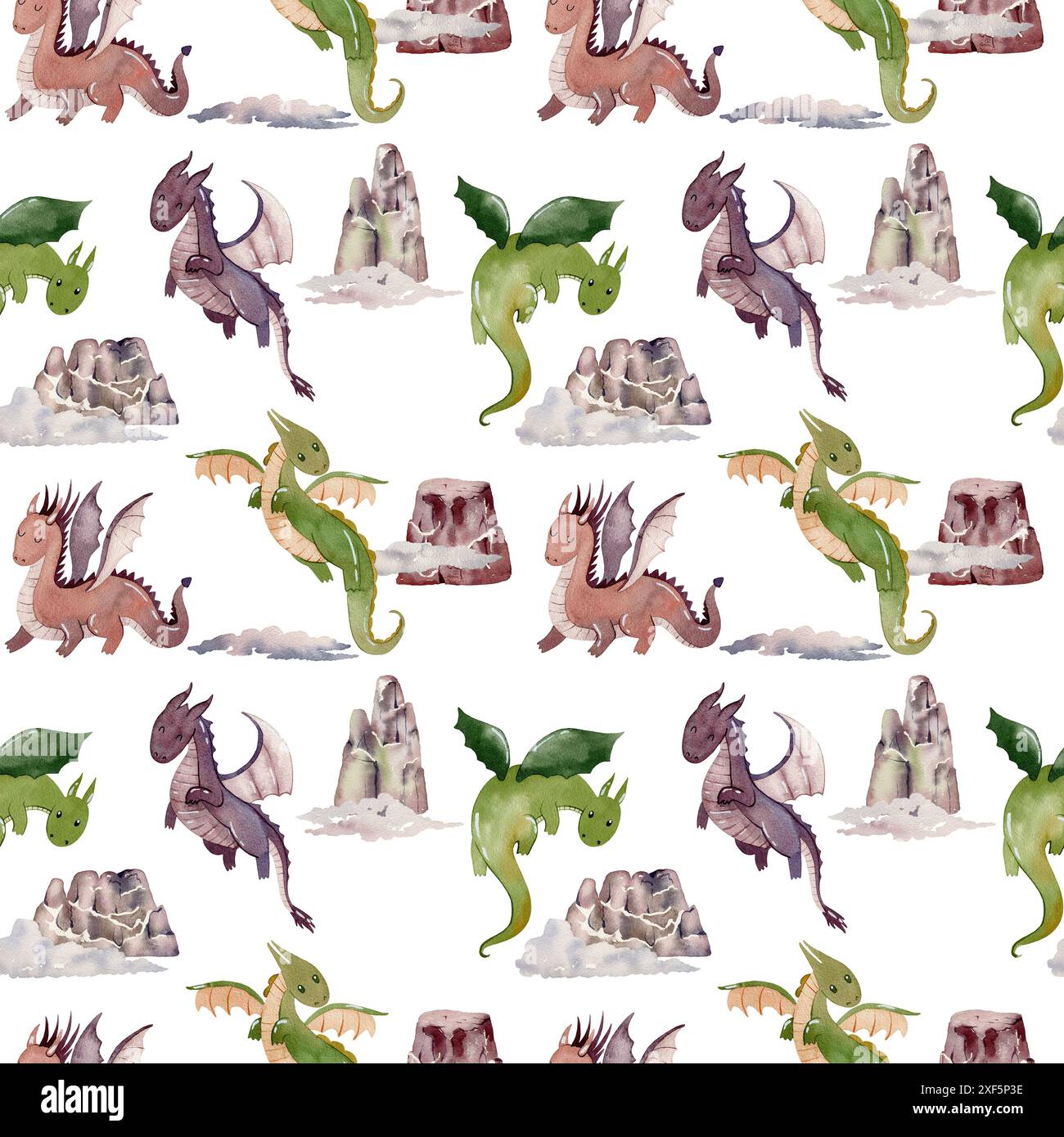 Watercolor seamless pattern with cute dragons. Hand drawn illustration ...