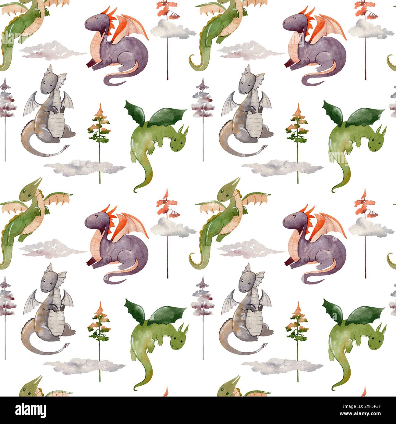 Watercolor seamless pattern with cute dragons. Hand drawn illustration ...