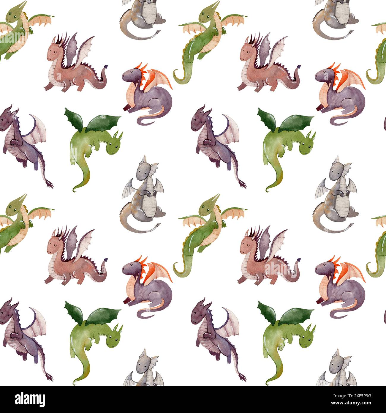 Watercolor seamless pattern with cute dragons. Hand drawn illustration ...