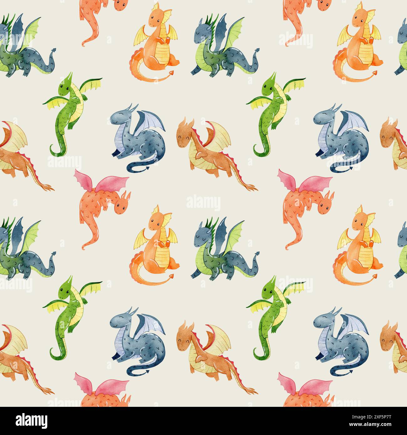 Watercolor seamless pattern with cute dragons. Hand drawn illustration ...