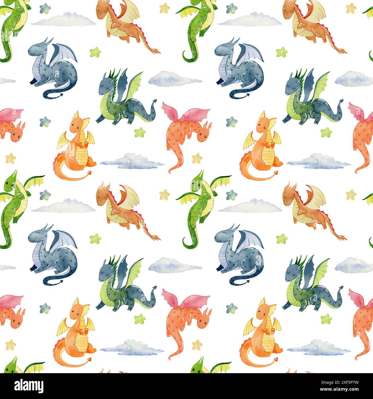Watercolor seamless pattern with cute dragons. Hand drawn illustration ...