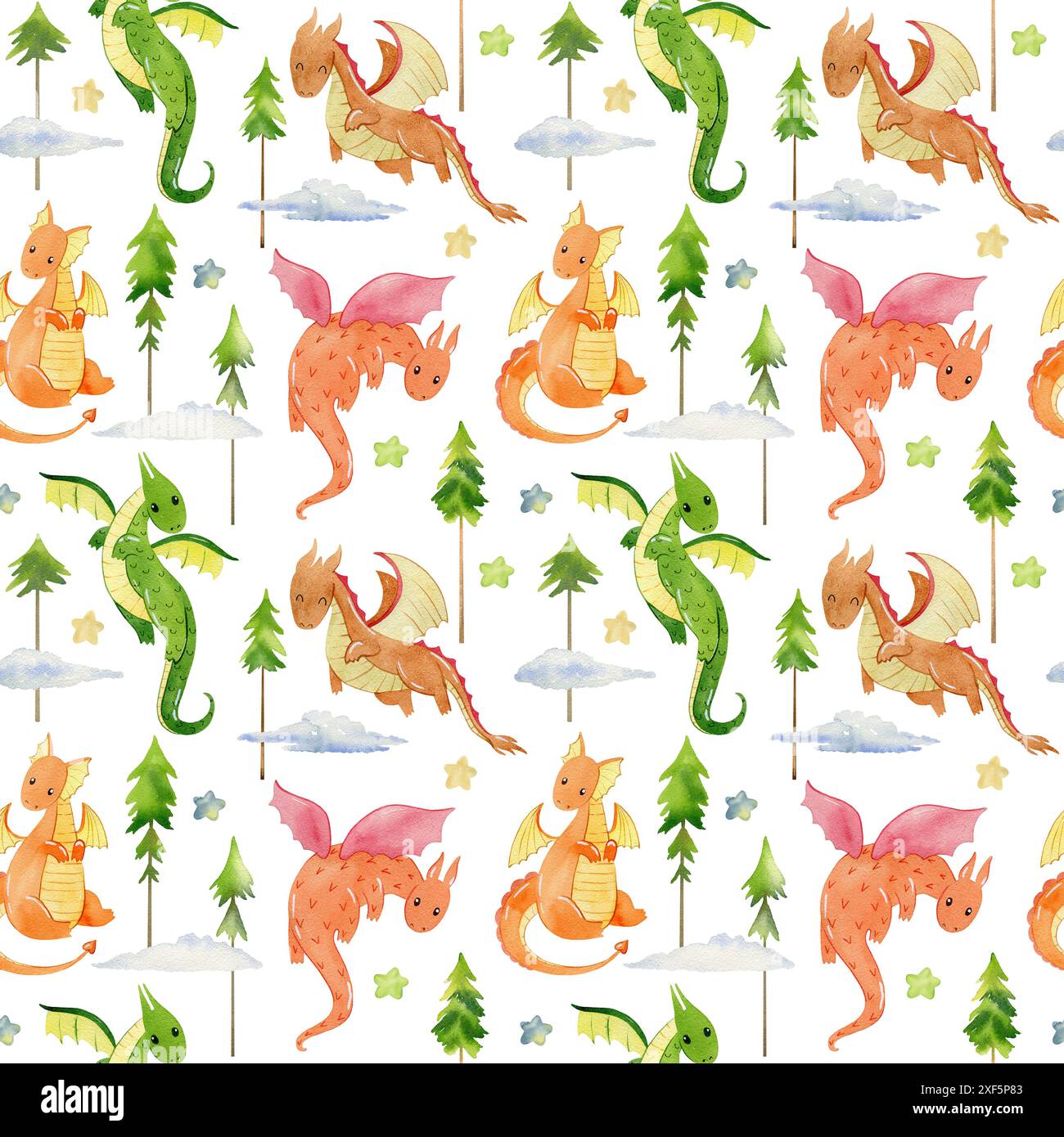 Watercolor seamless pattern with cute dragons. Hand drawn illustration ...