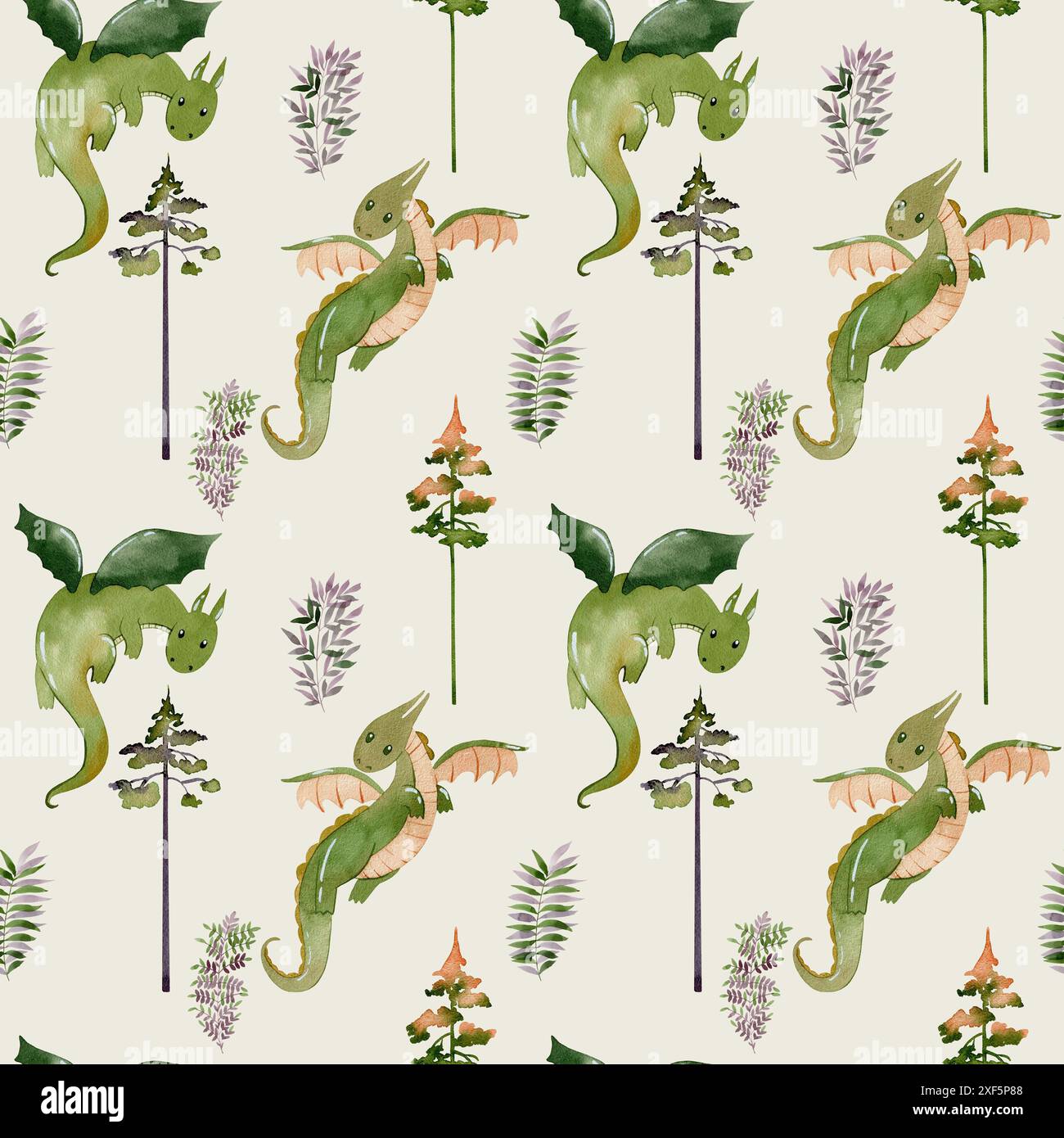 Watercolor seamless pattern with cute dragons and leaves. Hand drawn ...