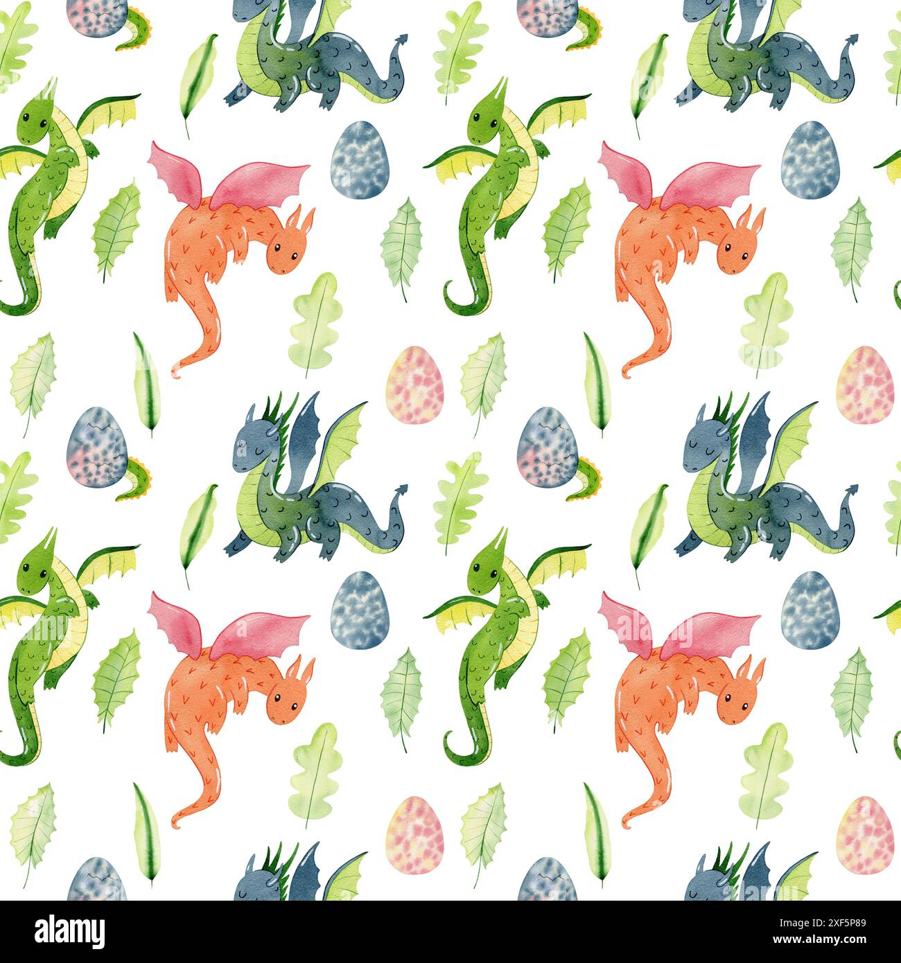 Watercolor seamless pattern with cute dragons. Hand drawn illustration ...