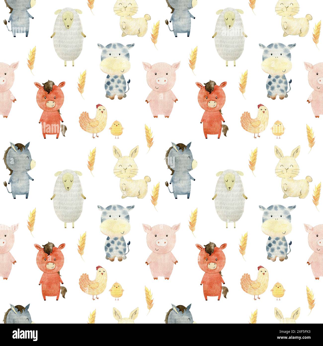 Watercolor farm seamless pattern with animals. Cute cartoon characters ...