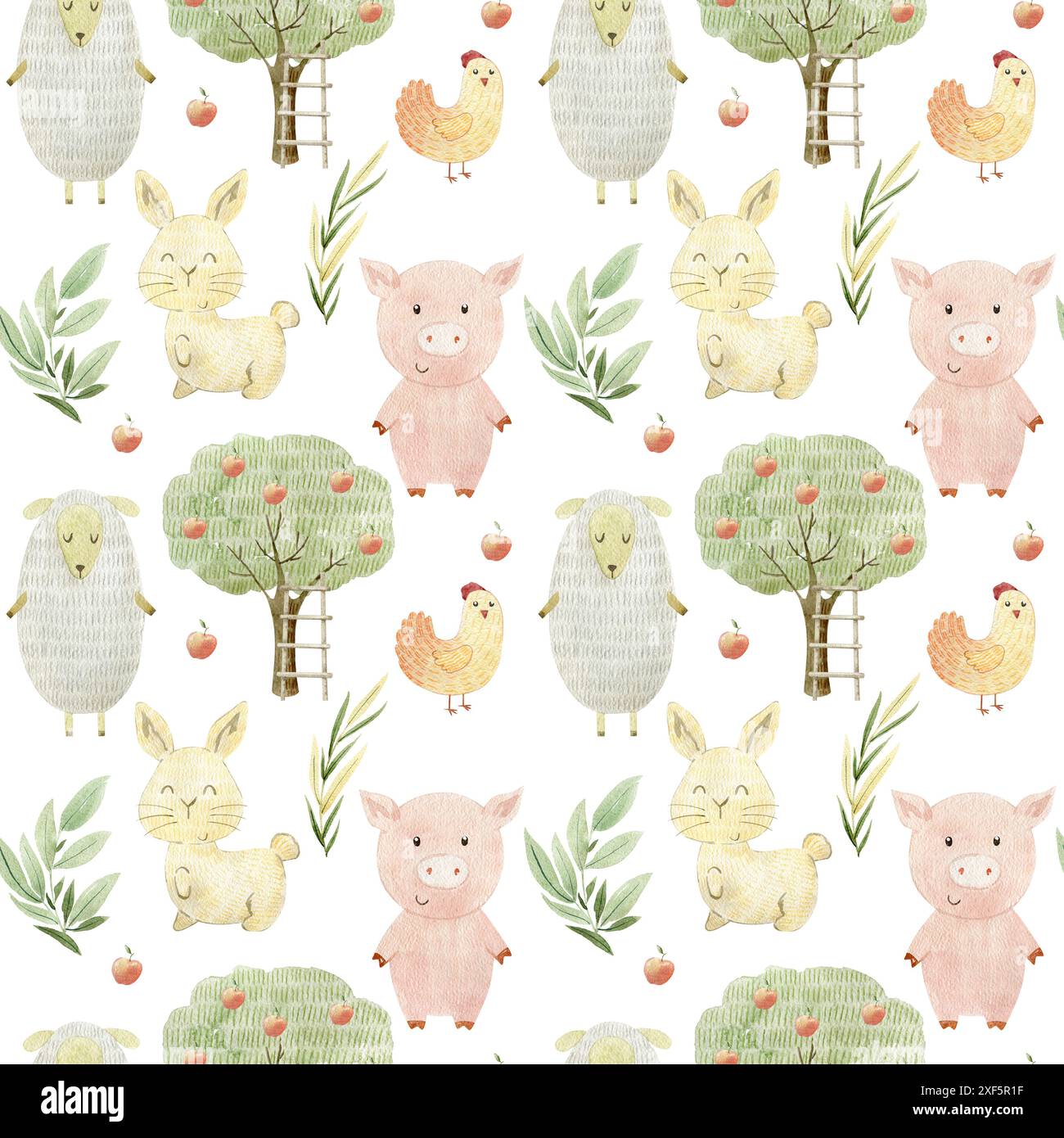 Watercolor farm seamless pattern with animals. Cute cartoon characters ...