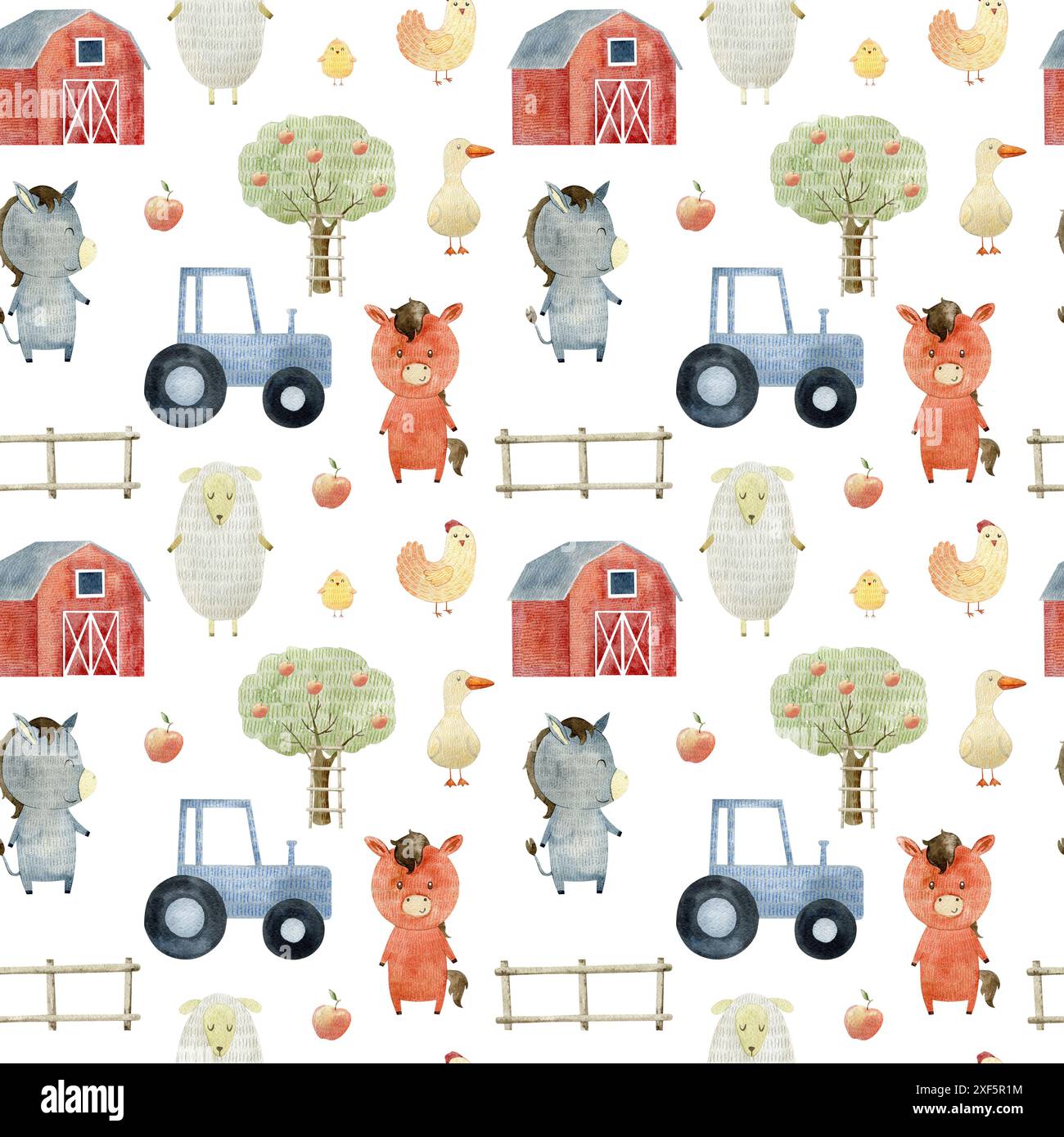 Watercolor farm seamless pattern with animals. Cute cartoon characters ...