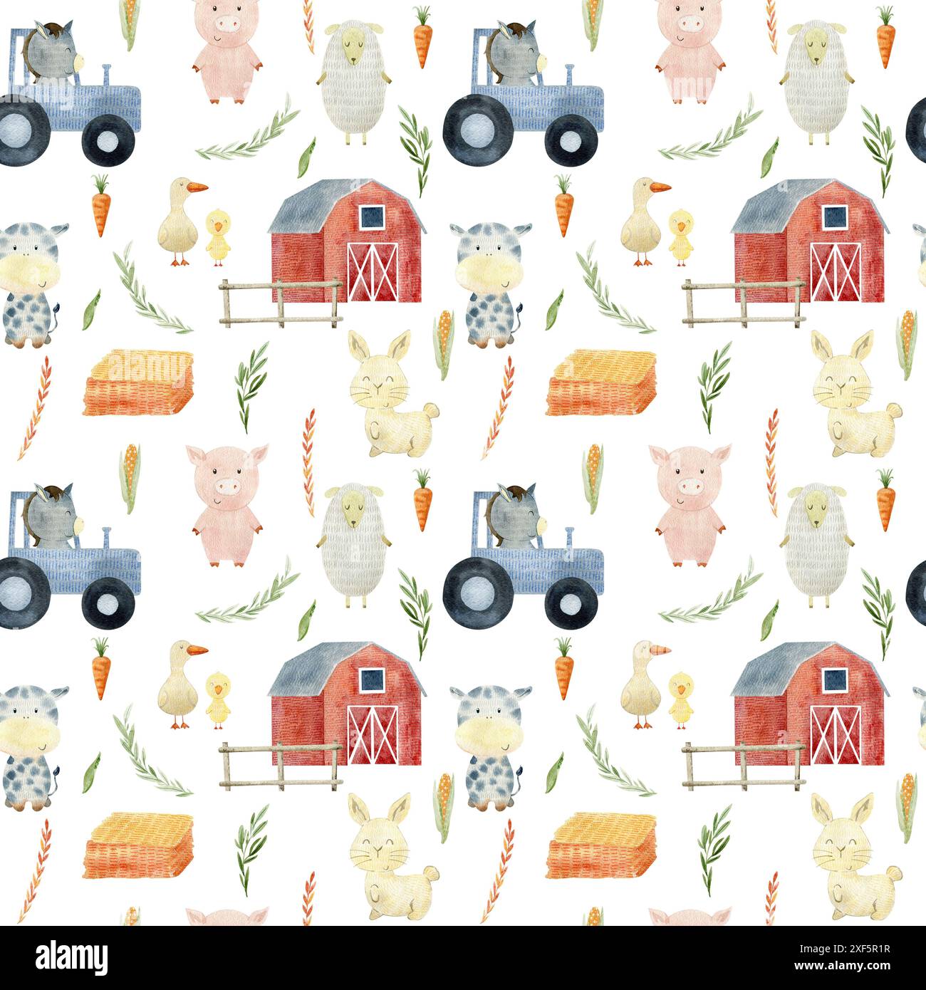Watercolor farm seamless pattern with animals. Cute cartoon characters ...