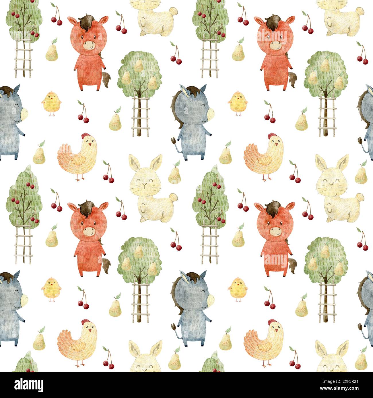 Watercolor farm seamless pattern with animals. Cute cartoon characters ...