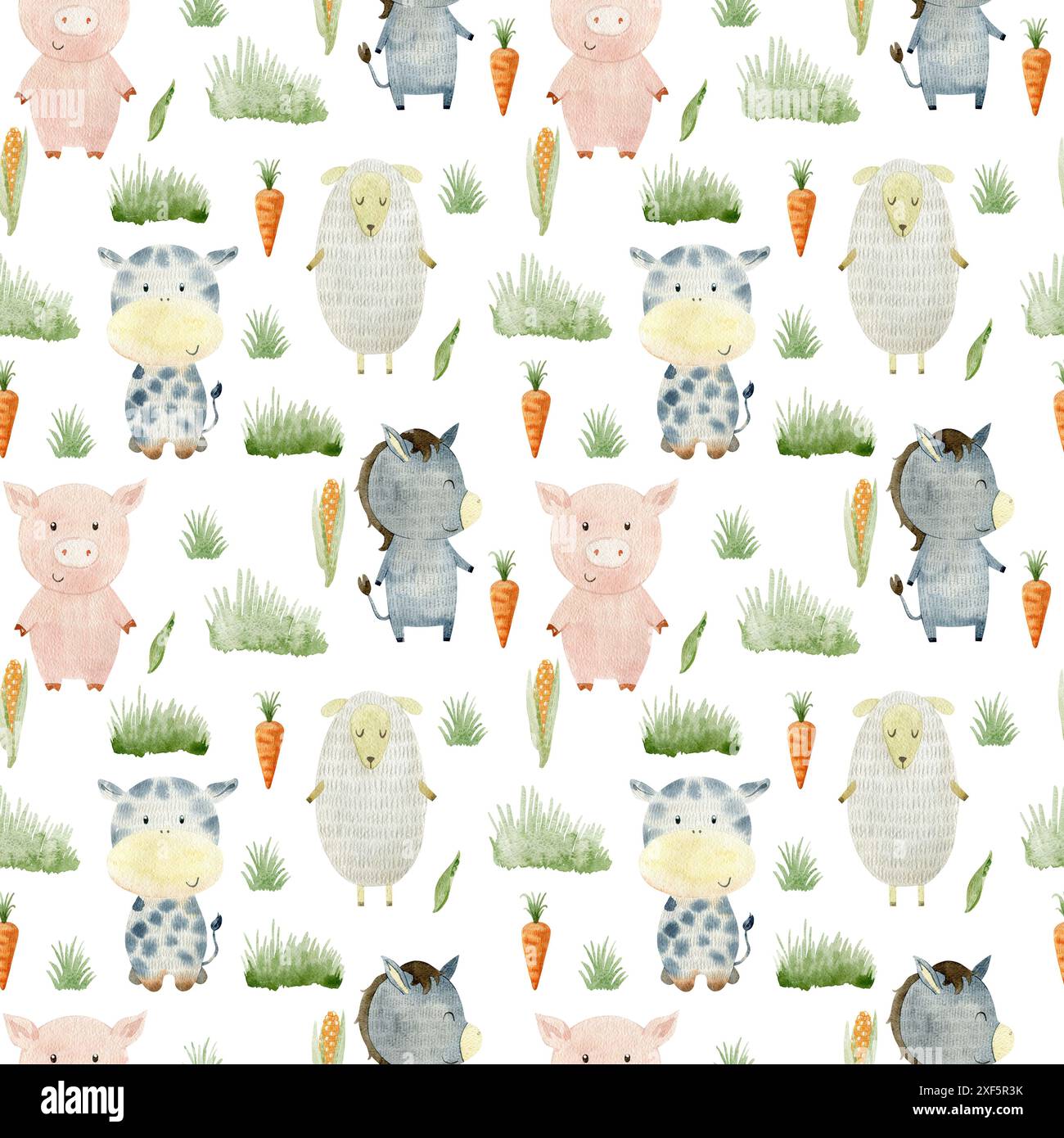 Watercolor farm seamless pattern with animals. Cute cartoon characters ...