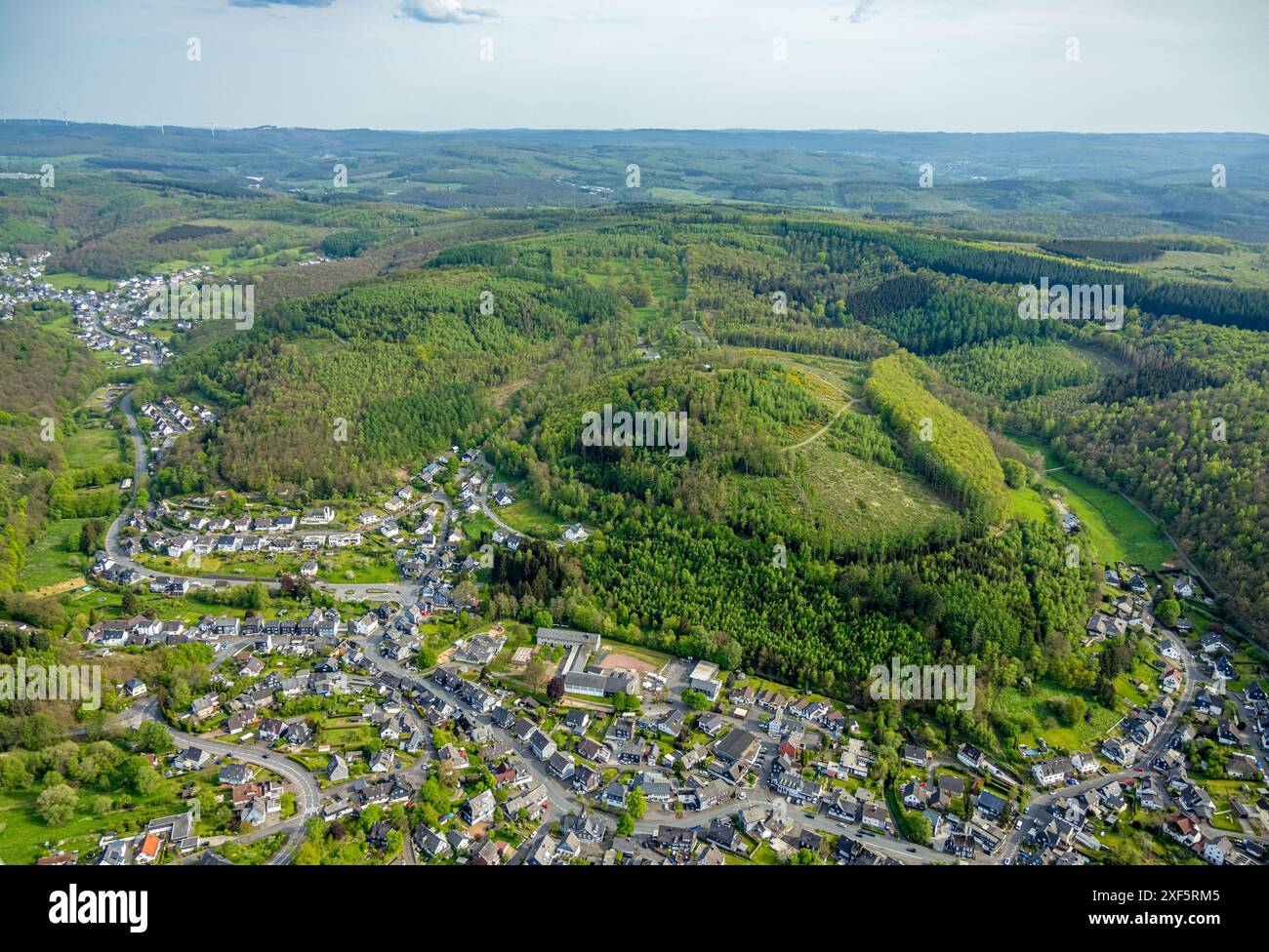Aerial view, view of Eisern, hilly landscape forest area with forest ...