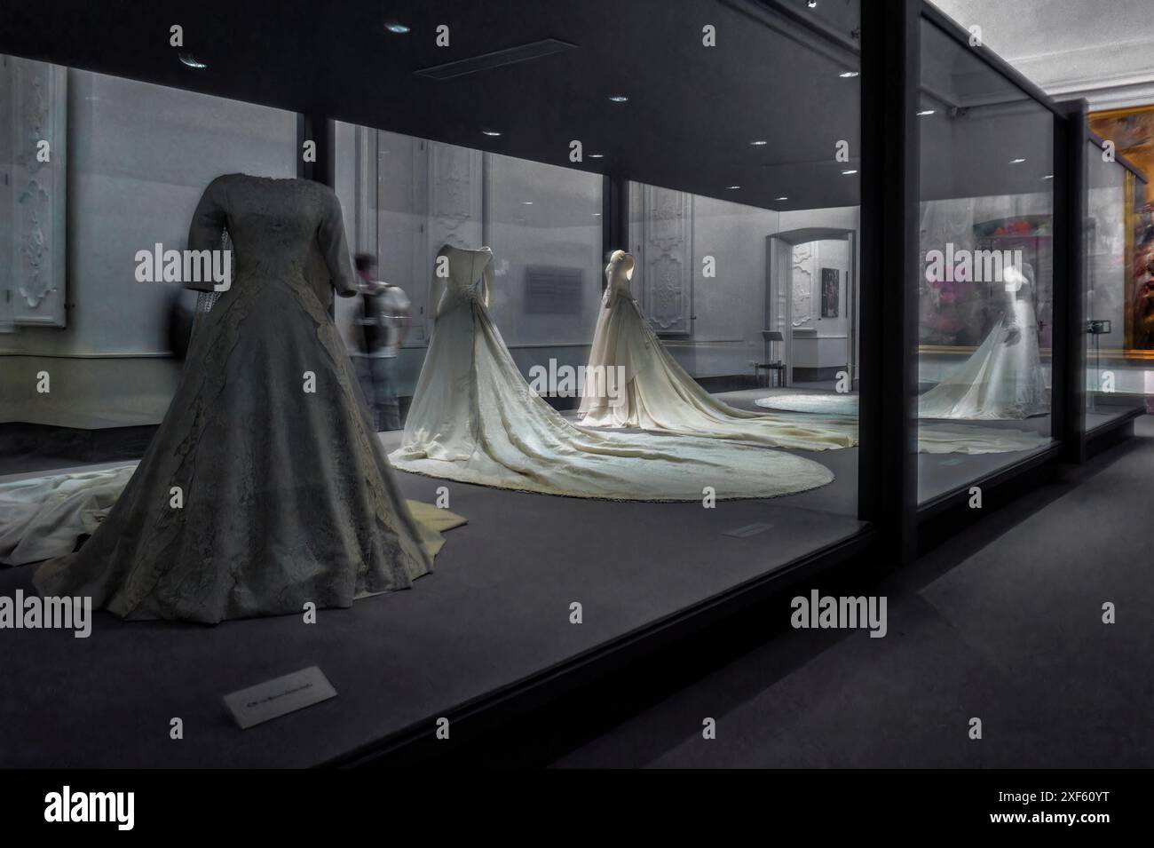 wedding dresses worn by Her Majesty the Queen and Their Royal Highnesses the Princess of Asturias and the Infantas Doña Elena and Doña Cristina. Stock Photo