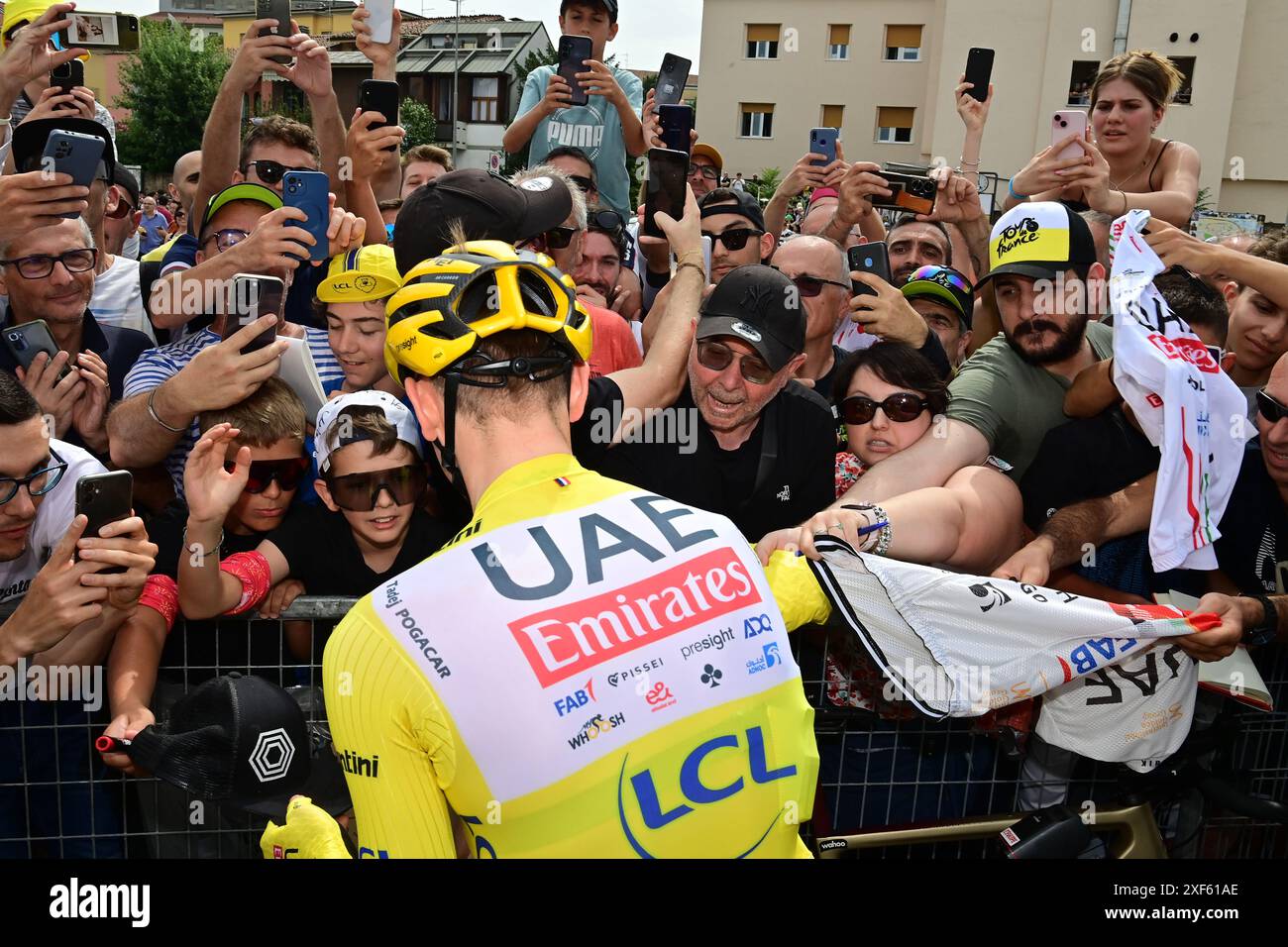 Tour de France 2024 Stage 3 Piacenza to Turin. UAE Emirate's Tadej Pogacar in the yellow leader's jersey. Credit: Peter Goding/Alamy Live News Stock Photo